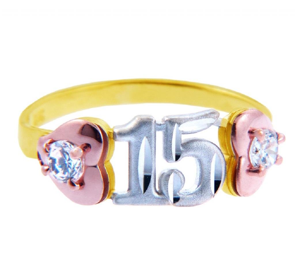 15th Birthday Quinceañera Two Heart Ring with Cubic Zirconias in 14K Gold - Perfect Sweet 16 Gift for Teen Girls & Quince Celebration Jewelry