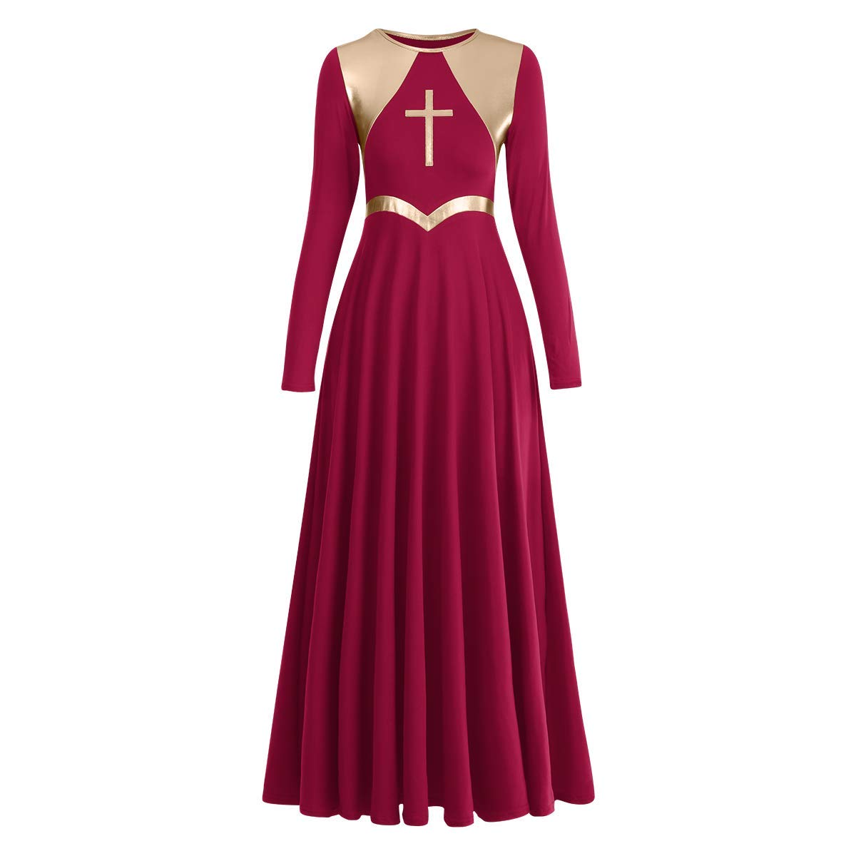Metallic Cross Praise Dance Dresses for Women - Liturgical Worship Long Sleeve Loose Fit Full Length Dress - Perfect for Church Performances, Gospel Choir Events & Spiritual Dance Ministries