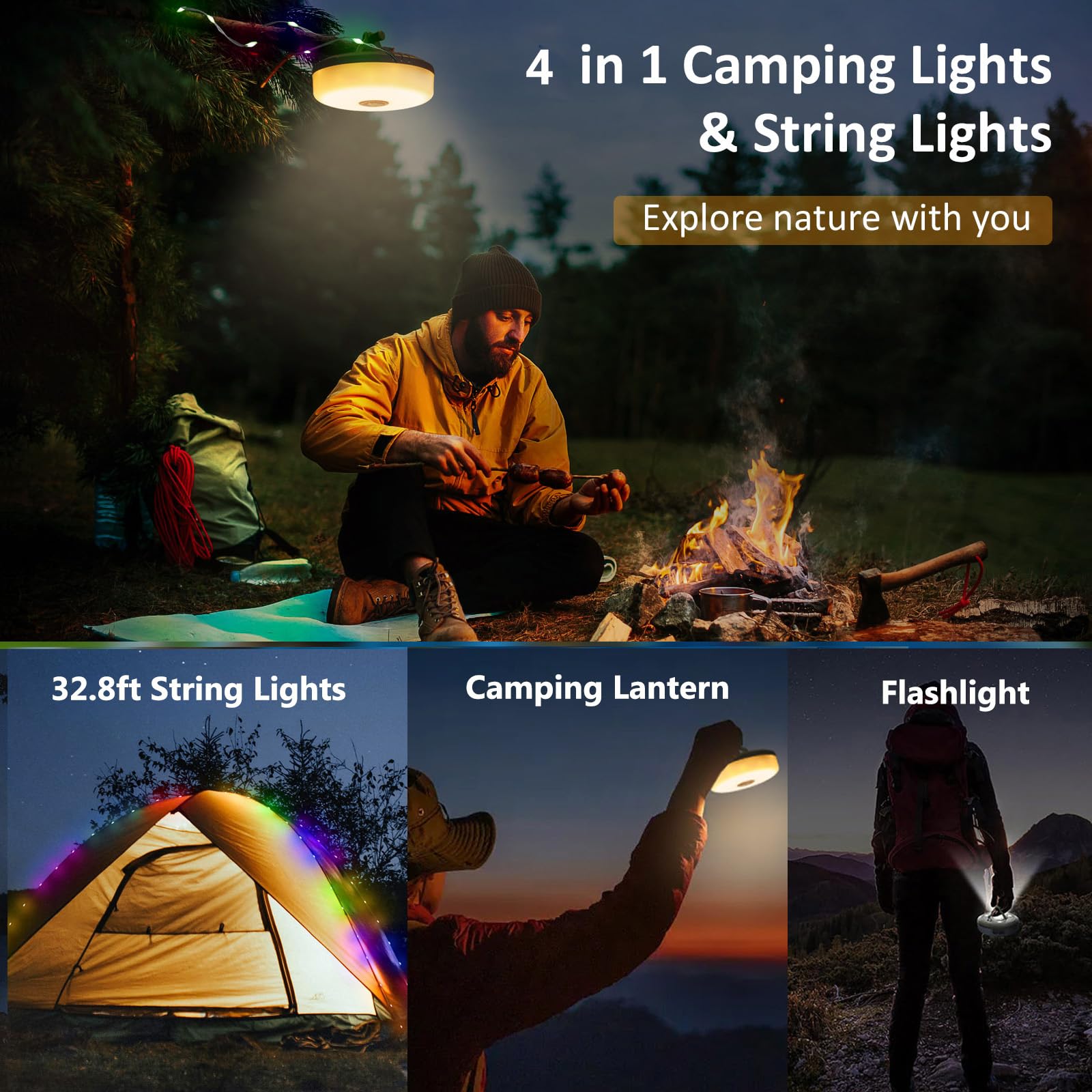 32.8FT USB Rechargeable Camping String Lights - 4-in-1 Waterproof Fairy Lights with 8 Lighting Modes & 30s Recovery, 2000mAh Battery for Tent, RV, Yard, Garden Decor | Perfect for Outdoor Camping, Hiking, Backyard Parties and Patio Lighting