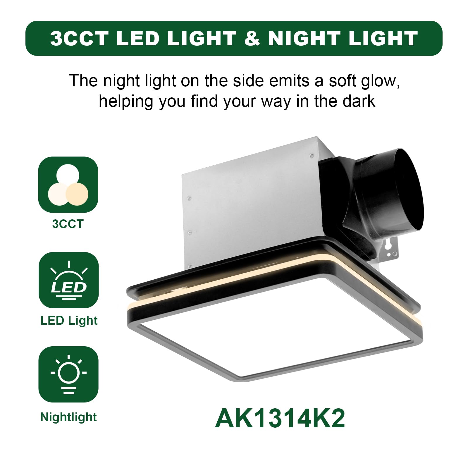 Akicon 80CFM Bathroom Exhaust Fan with Dimmable LED Light & Nightlight - Ultra Quiet 2.0 Sones Ventilation Fan for Bathroom Ceiling, 15W 3CCT Lighting - Perfect for Home, Shower Room, Toilet - Square Black Design (Ideal for Moisture Control & Air Circulation)