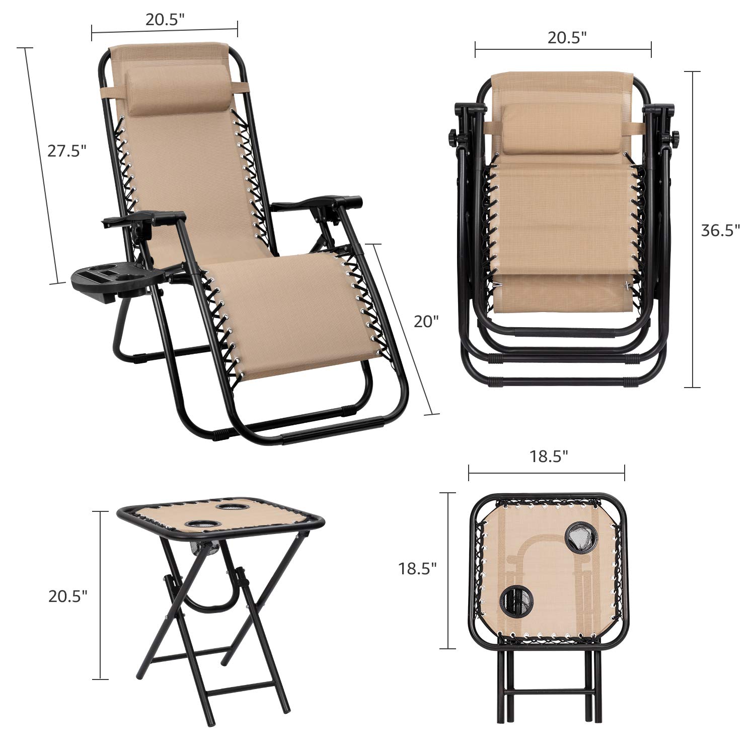 Devoko Zero Gravity Chair - Adjustable Outdoor Recliner with Side Table & Pillow, Light Beige - Perfect for Poolside Lounging, Backyard Relaxation & Patio Furniture Sets