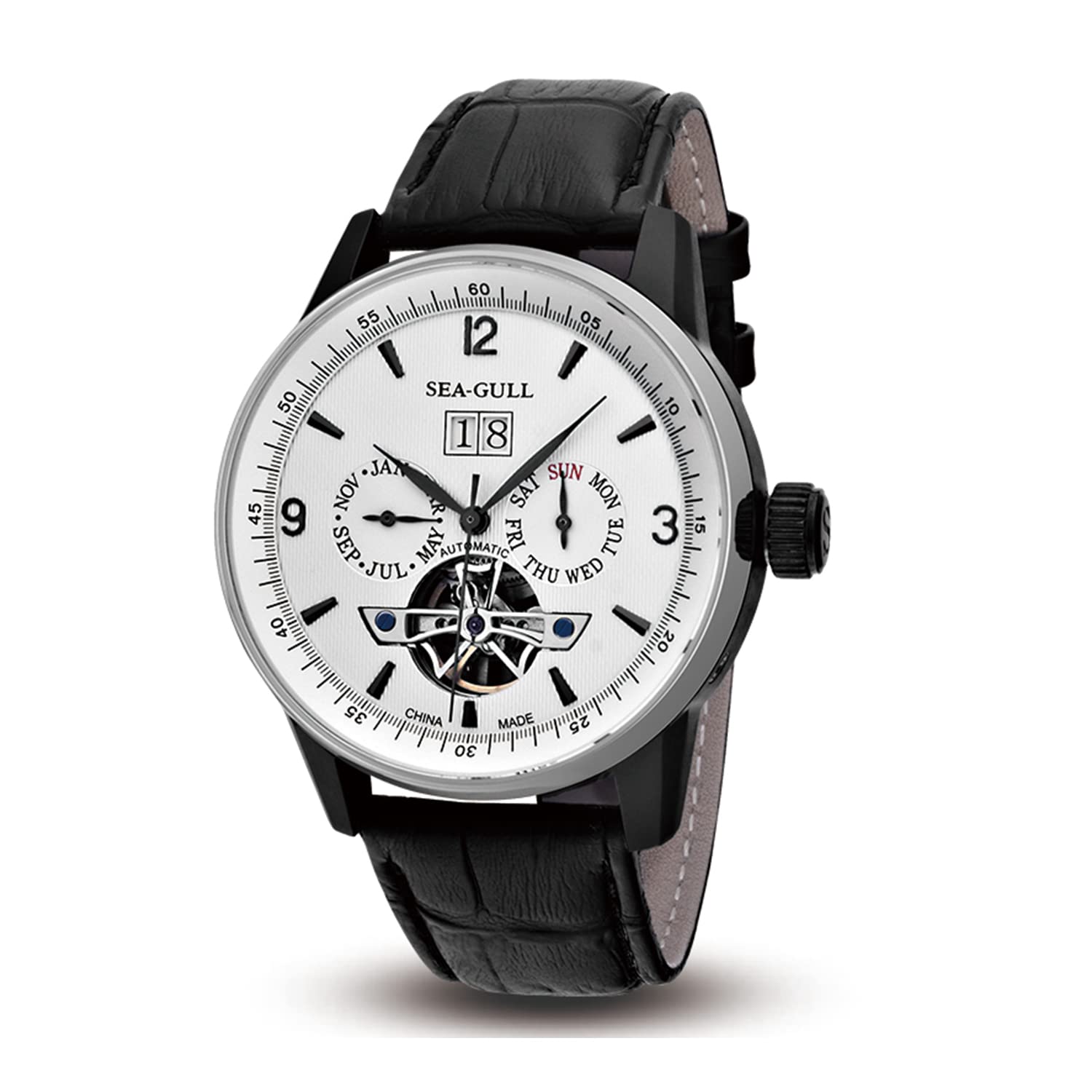 SEA-GULL Men's Automatic Skeleton Watch with Monthly & Weekly Calendar - Mechanical Flywheel Design - Luxury Dress Watch for Business, Formal Events & Collectors