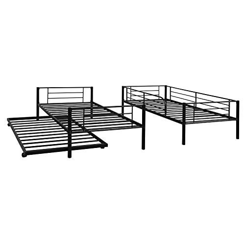 KLMM Twin Over Twin Metal Bunk Bed with Trundle - Heavy Duty Steel Frame, Convertible to 2 Separate Beds, Guardrails & Ladder Included - No Box Spring Required (Black) | Perfect for Kids' Bedrooms, Guest Rooms & Small Spaces