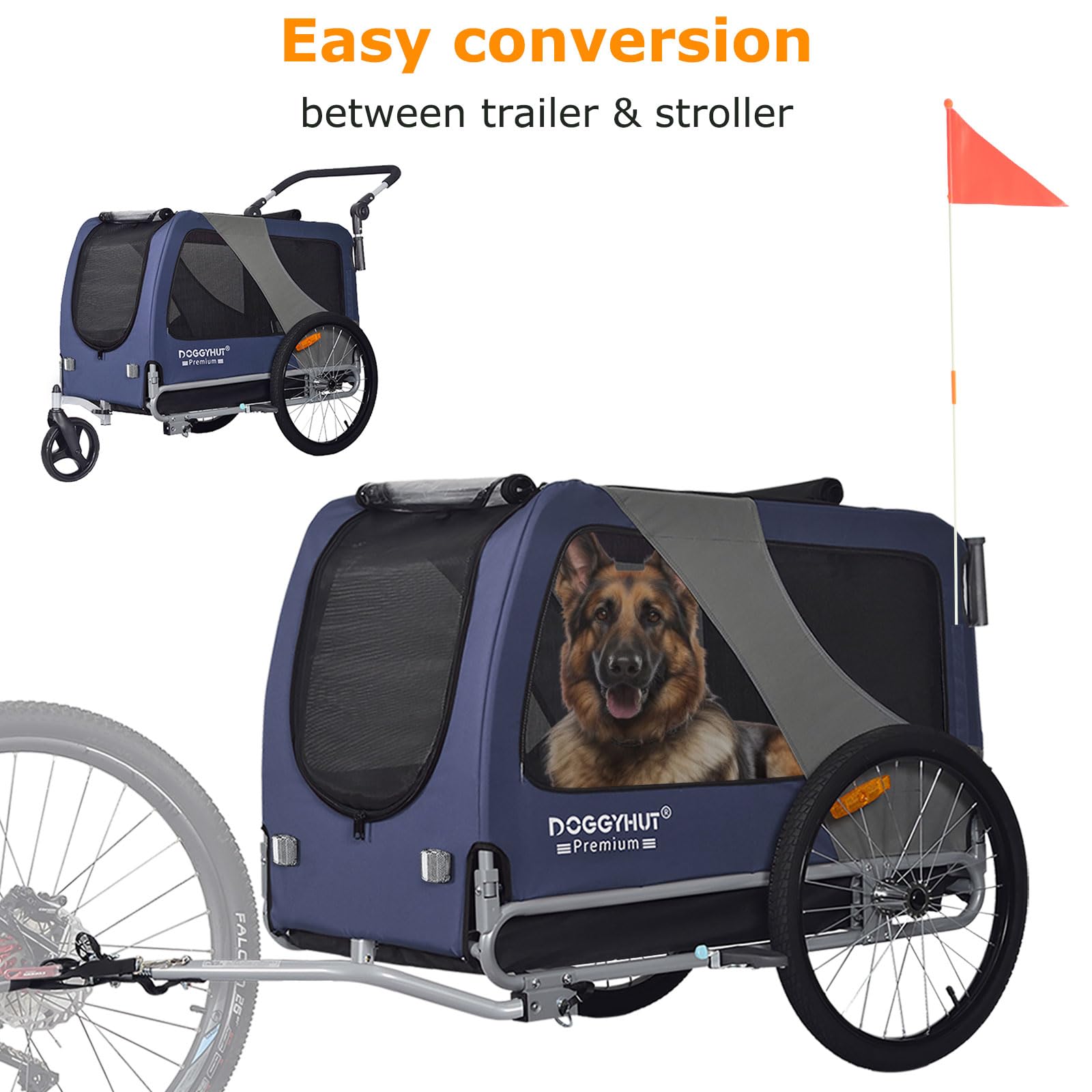 DOGGYHUT® Premium Large/XL Pet Bike Trailer & Stroller for Big Dogs or Multiple Small Dogs - Low Center Gravity, Parking Brakes, Easy Fold Frame - Perfect for Cycling, Jogging & Outdoor Adventures