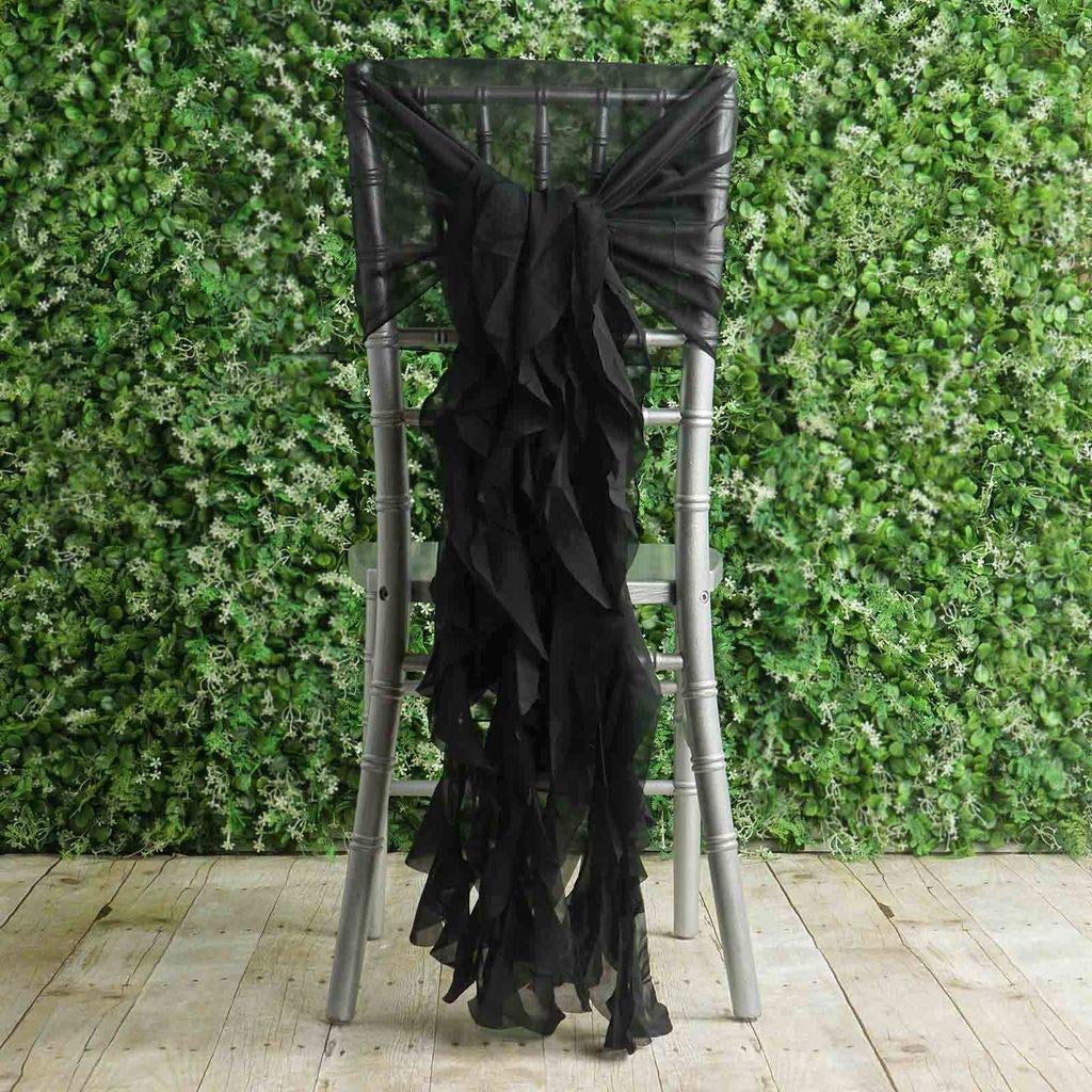 50 Premium Black Curly Chiffon Chair Covers with Sashes - Elegant Wedding, Party & Reception Decorations - Perfect for Banquets, Ceremonies, and Special Events