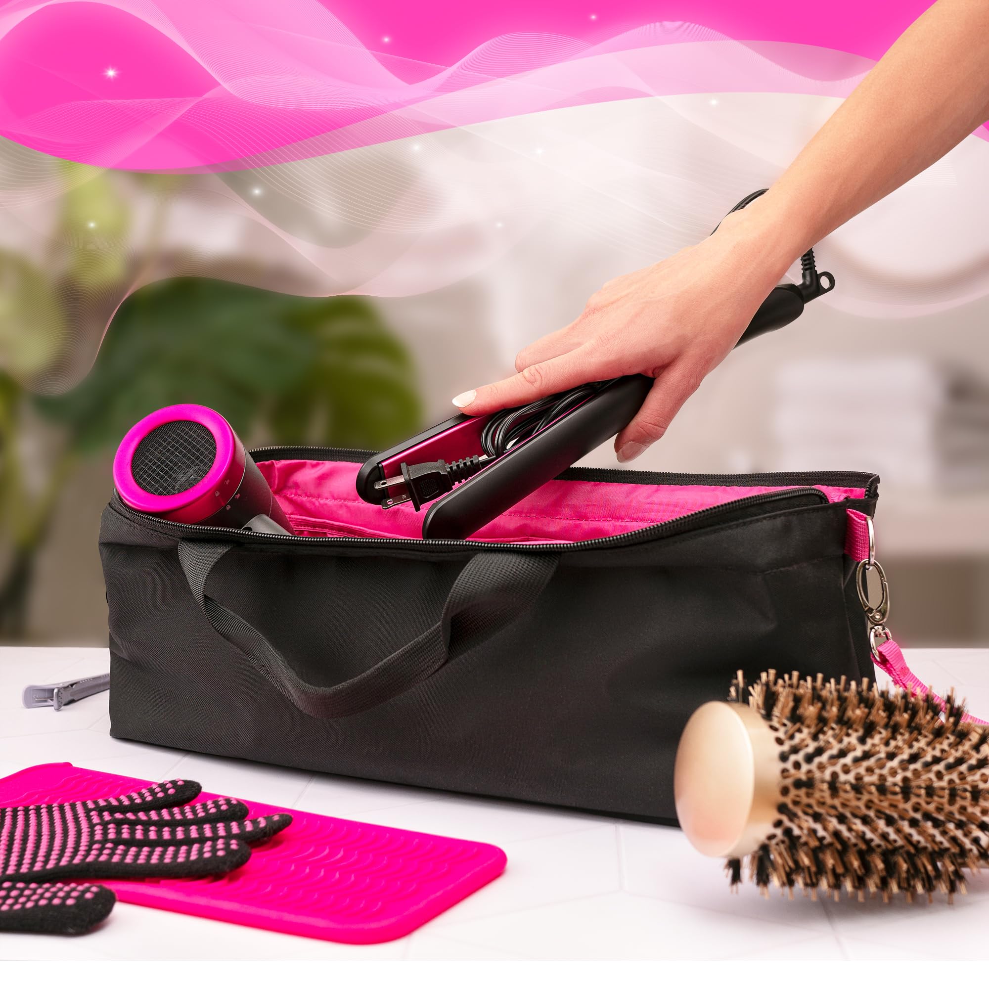 Heat Resistant Travel Bag for Flat Iron, Hair Straightener & Curling Iron - Portable Hot Tools Organizer with Silicone Mat & Glove - Perfect for Travel, Salon Visits & Home Storage