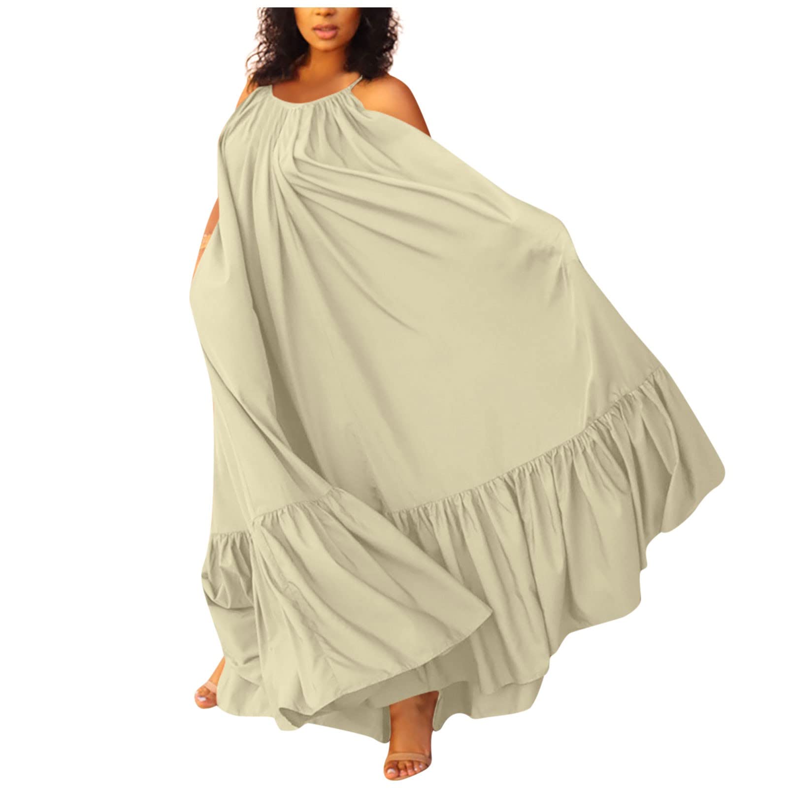 XHJUN Women's Summer Casual Solid Strap Dress with Pockets - Loose Backless Swing Maxi Dress for Wedding Guest, Beach, Party & Vacation