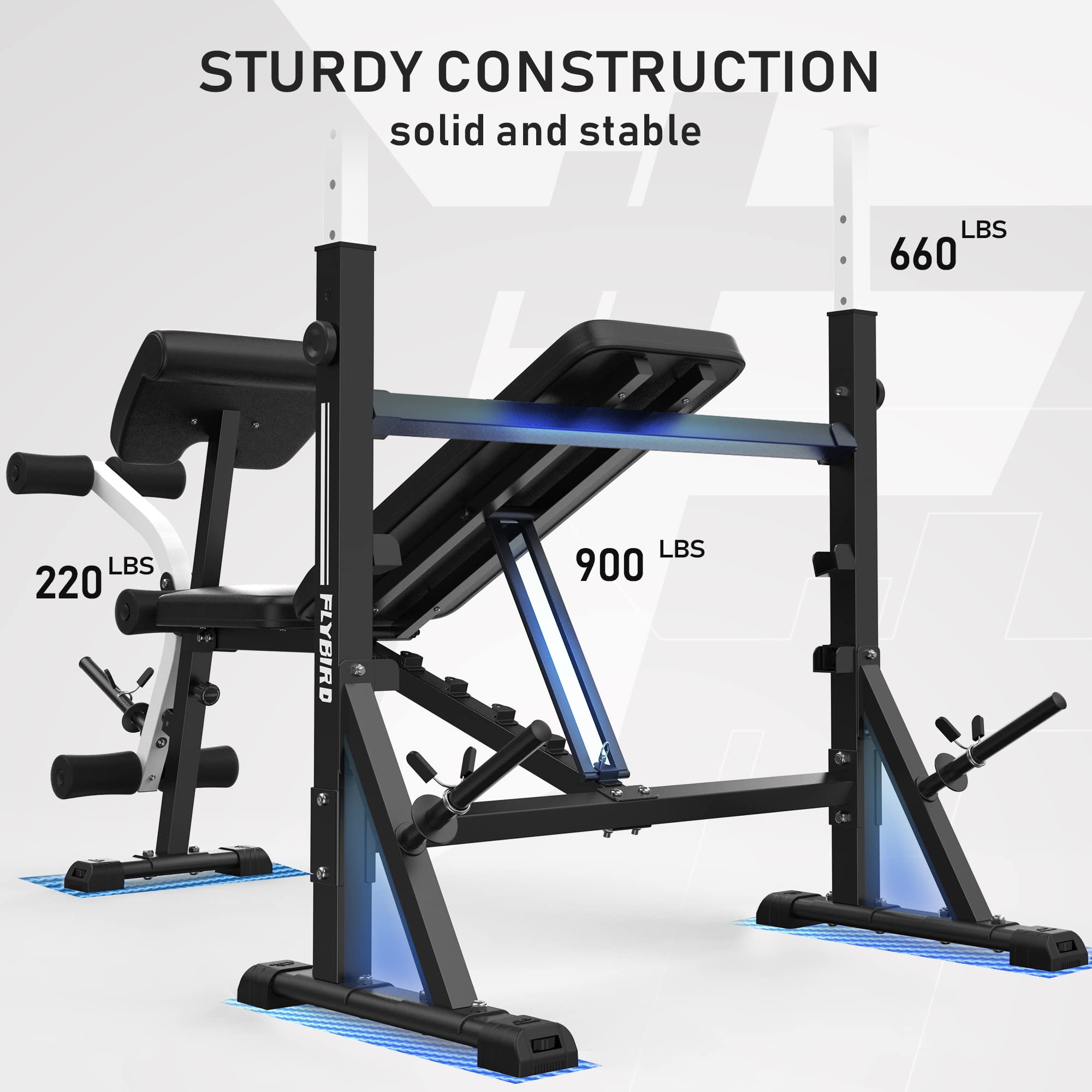 FLYBIRD Adjustable Weight Bench for Home Gym - Strength Training Bench Press Set with Preacher Curl Pad & Leg Developer - Perfect for Full Body Workouts, Strength Building & Home Fitness Training