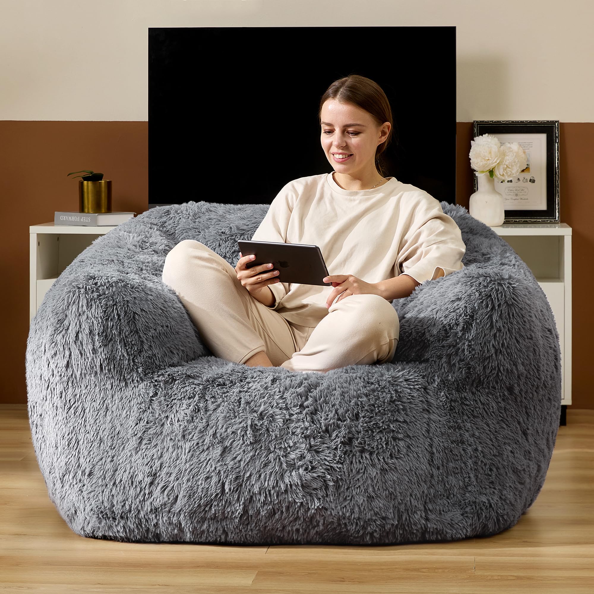 Homguava Extra Large Giant Bean Bag Chair for Adults - Memory Foam Stuffed Plush Sofa with Armrests & Filler, Comfy Lazy Couch for Bedroom, Living Room, Game Room & Home Theater (Grey) - Perfect for Relaxing, Gaming & Movie Nights
