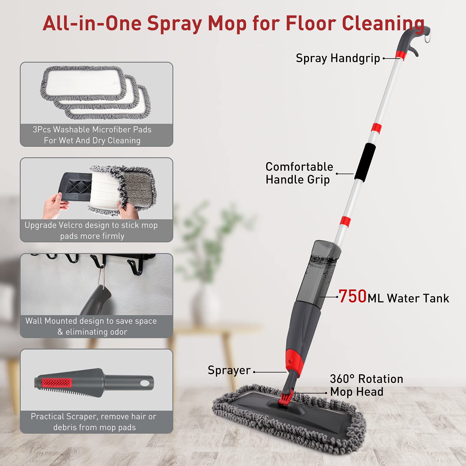 Homgif Spray Mop, 135cm Spray Mop Floor Cleaner with 750ml Spray Bottle & 3 Reusable Pads - Ideal for Hardwood, Laminate, Tile & Ceramic Floors - Perfect for Home, Kitchen & Office Cleaning