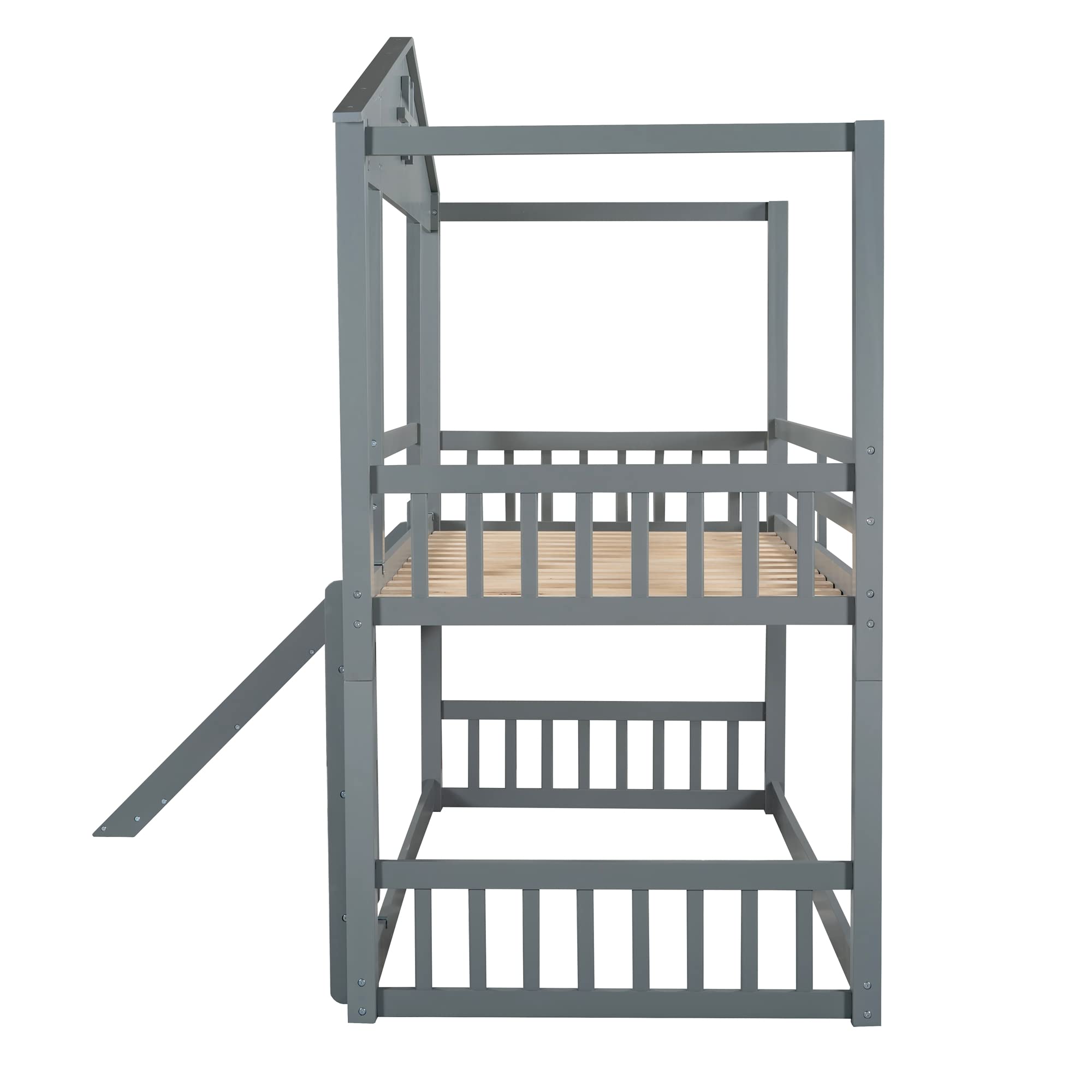 Convertible Twin Over Twin Bunk Bed with Slide & Ladder - Gray & Pine Wood - Transforms into 2 Separate Platform Beds - Perfect for Kids' Bedrooms, Guest Rooms & Small Spaces