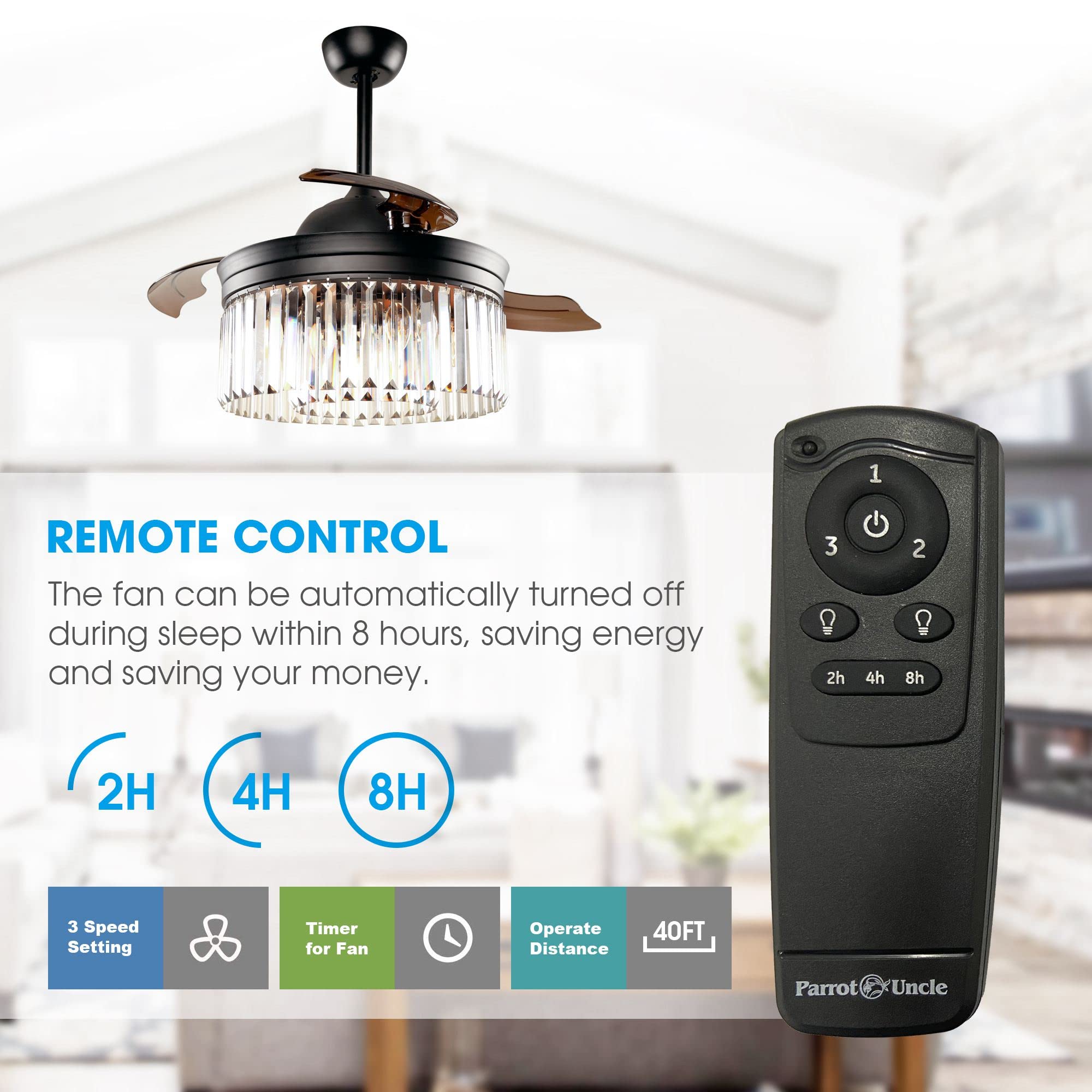 Parrot Uncle 42 Inch Black Ceiling Fan with Lights & Remote Control - Retractable Blade Chandelier Fan for Bedroom, Living Room & Dining Room | Modern Cooling & Lighting Solution