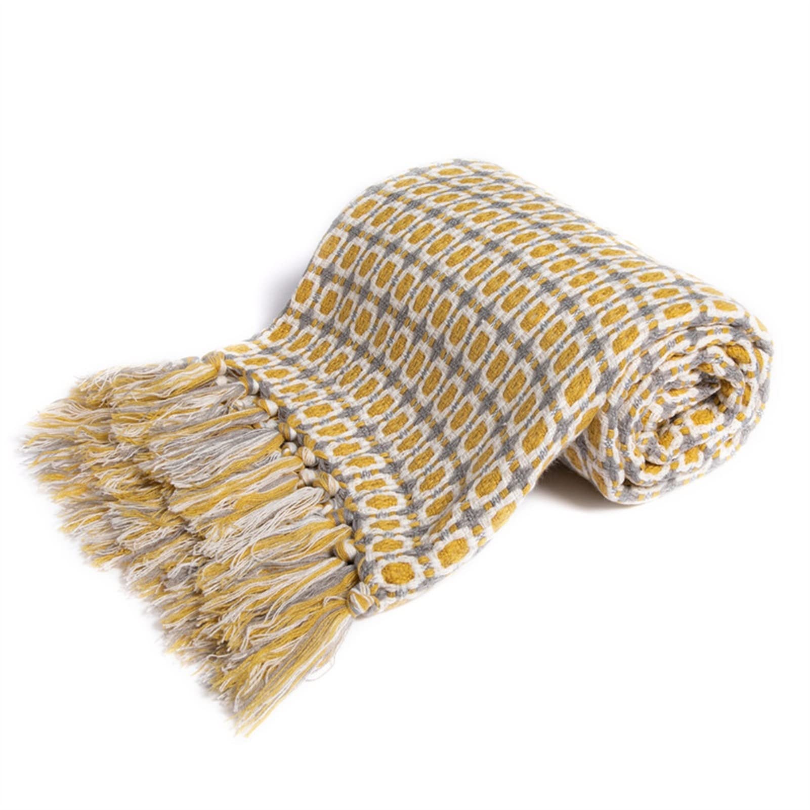 Premium Soft Yellow & Grey Knitted Throw Blanket with Tassels - 150x200cm Nordic Style Sofa Blanket for Bed, Couch & Living Room - Cozy Home Decor for Winter Nights & Relaxation