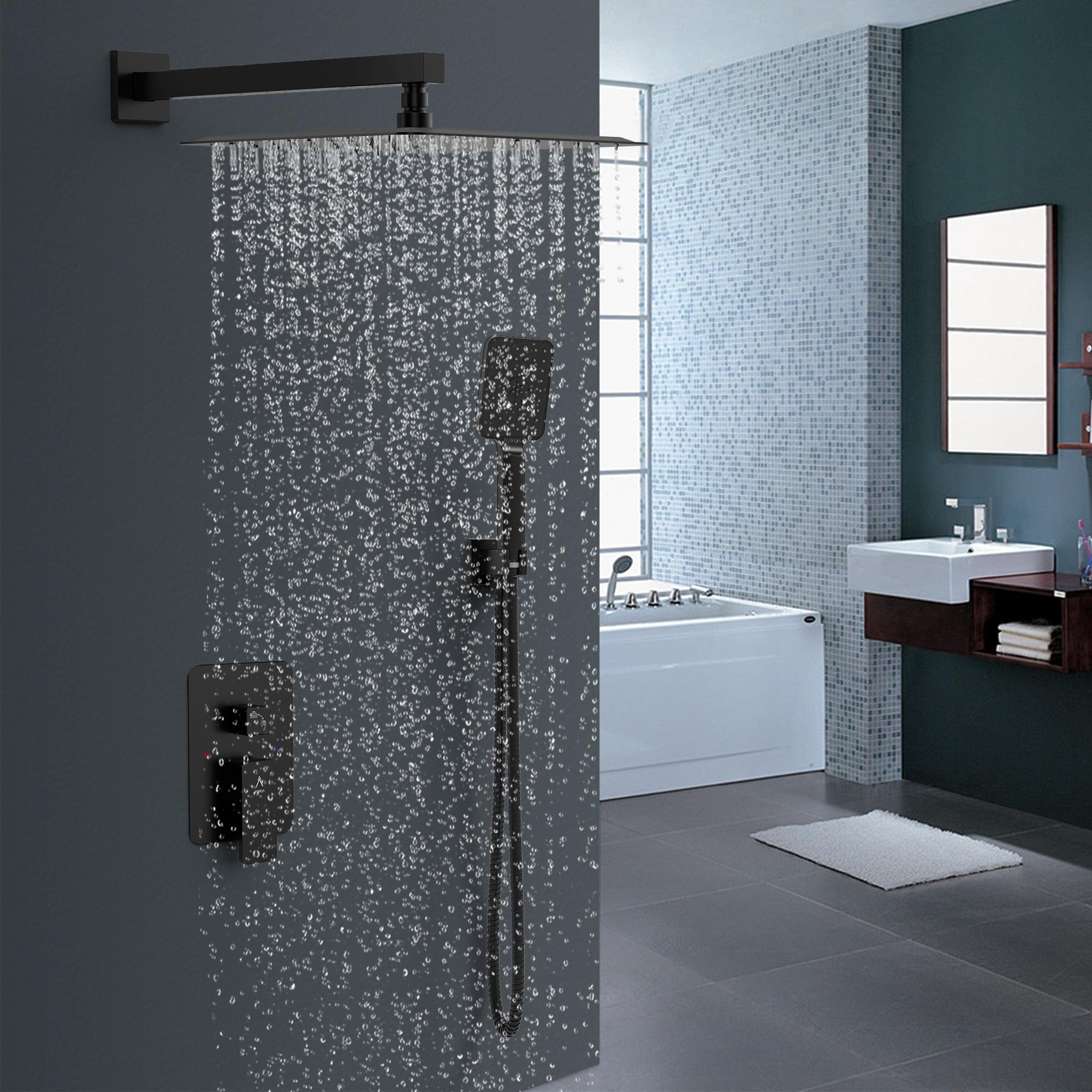 Modern Brass Rain Shower System - High Pressure Square Rainfall Shower Valve with Handheld Sprayer, Diverter & Wall Mount (12 Inch, Matte Black) - Perfect for Luxury Bathrooms & Spa-Like Shower Experience