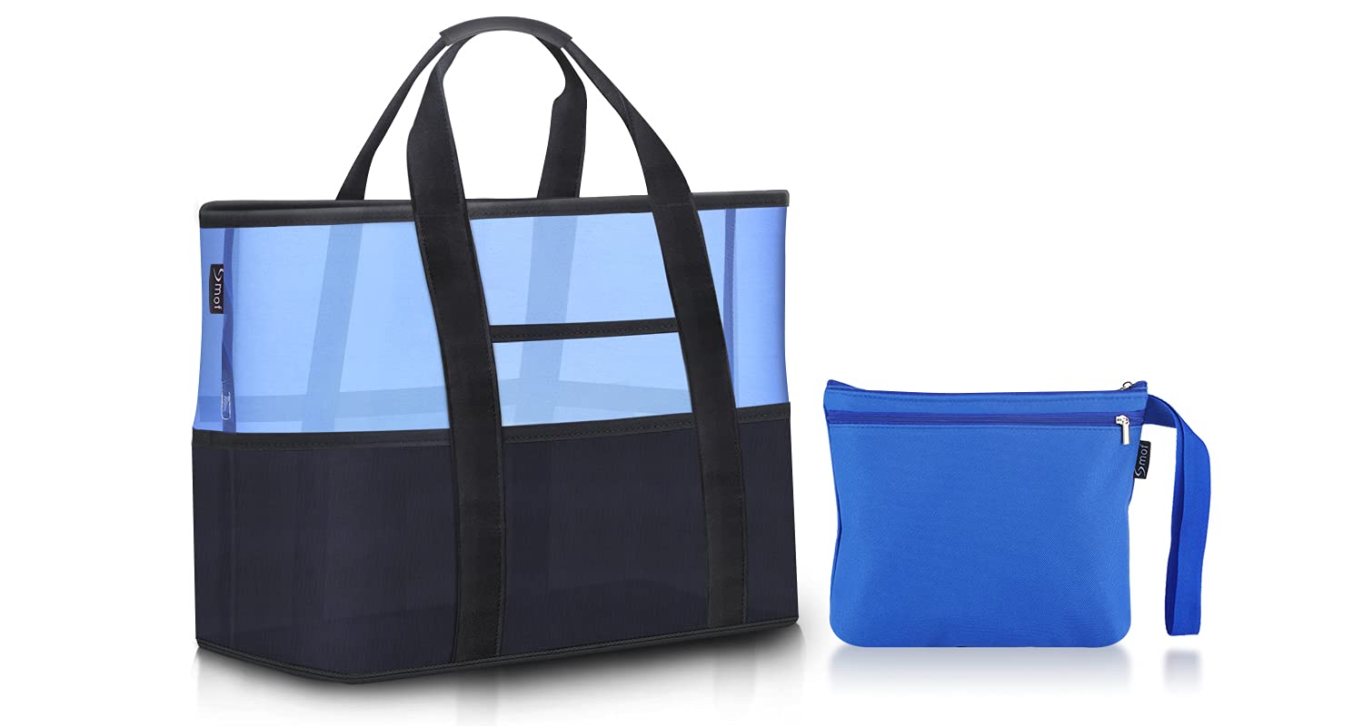 Large Mesh Beach Tote Bag with 12 Pockets - Lightweight Foldable Travel Bag for Swimming, Vacation & Summer Outings | Perfect for Pool, Beach Trips & Shopping
