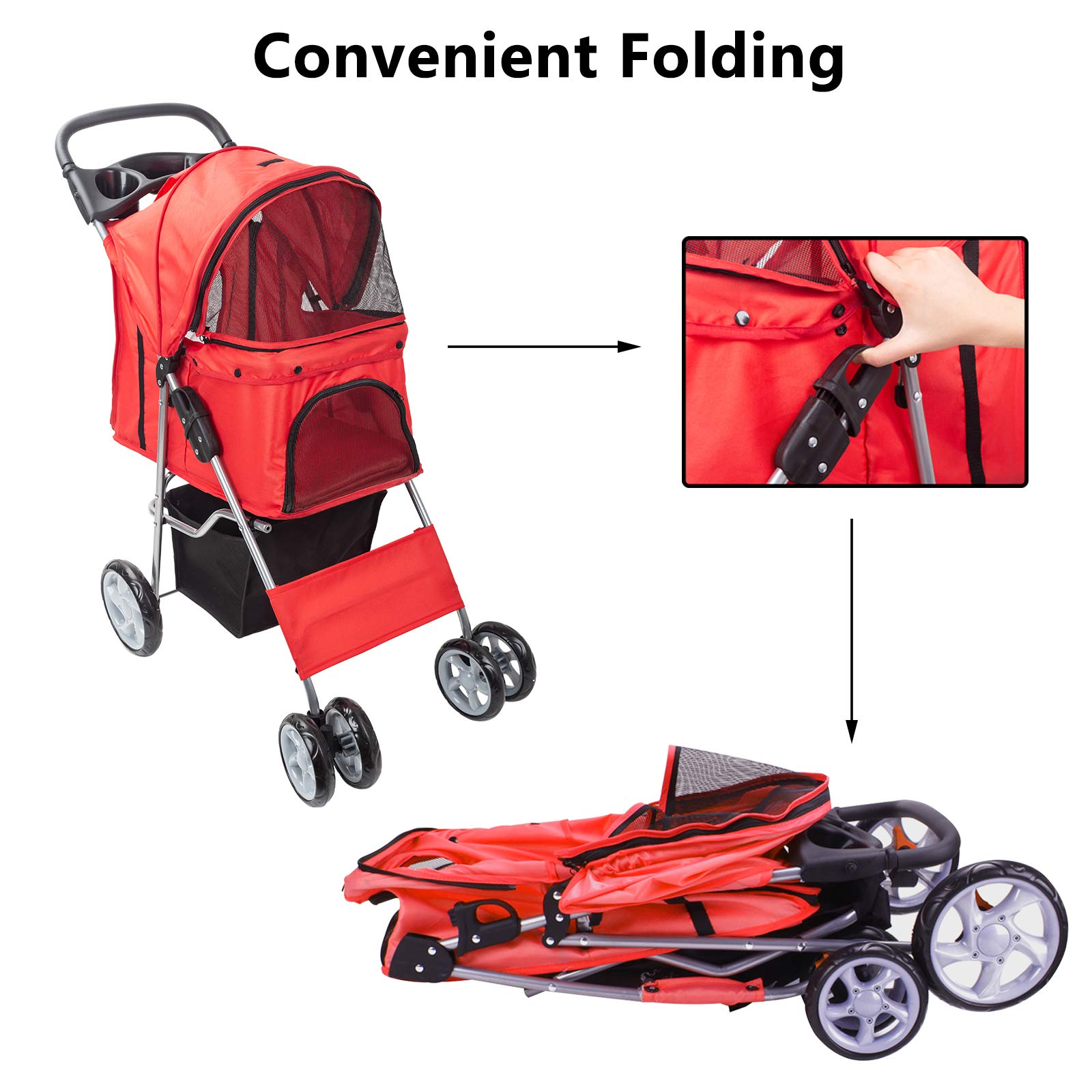 4-Wheel Folding Pet Stroller for Cats & Dogs - Lightweight Travel Carrier with Smooth Ride (Red) | Perfect for Jogging, Shopping & Outdoor Adventures