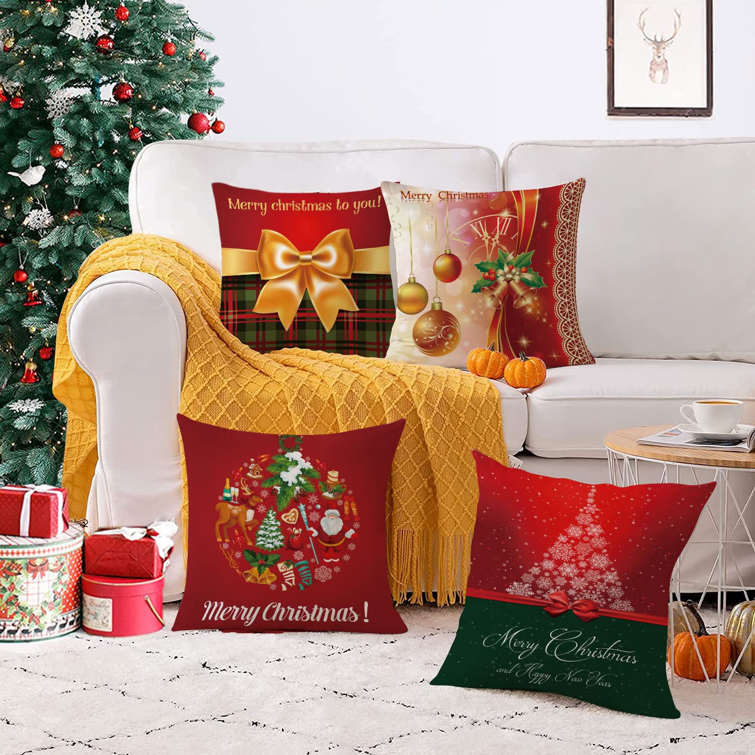 YeeJu Set of 4 Christmas Decorative Throw Pillow Covers - Velvet Holiday Cushion Cases 20x20 Inch for Sofa, Bed & Home Decor - Perfect for Xmas, Winter & Seasonal Home Styling