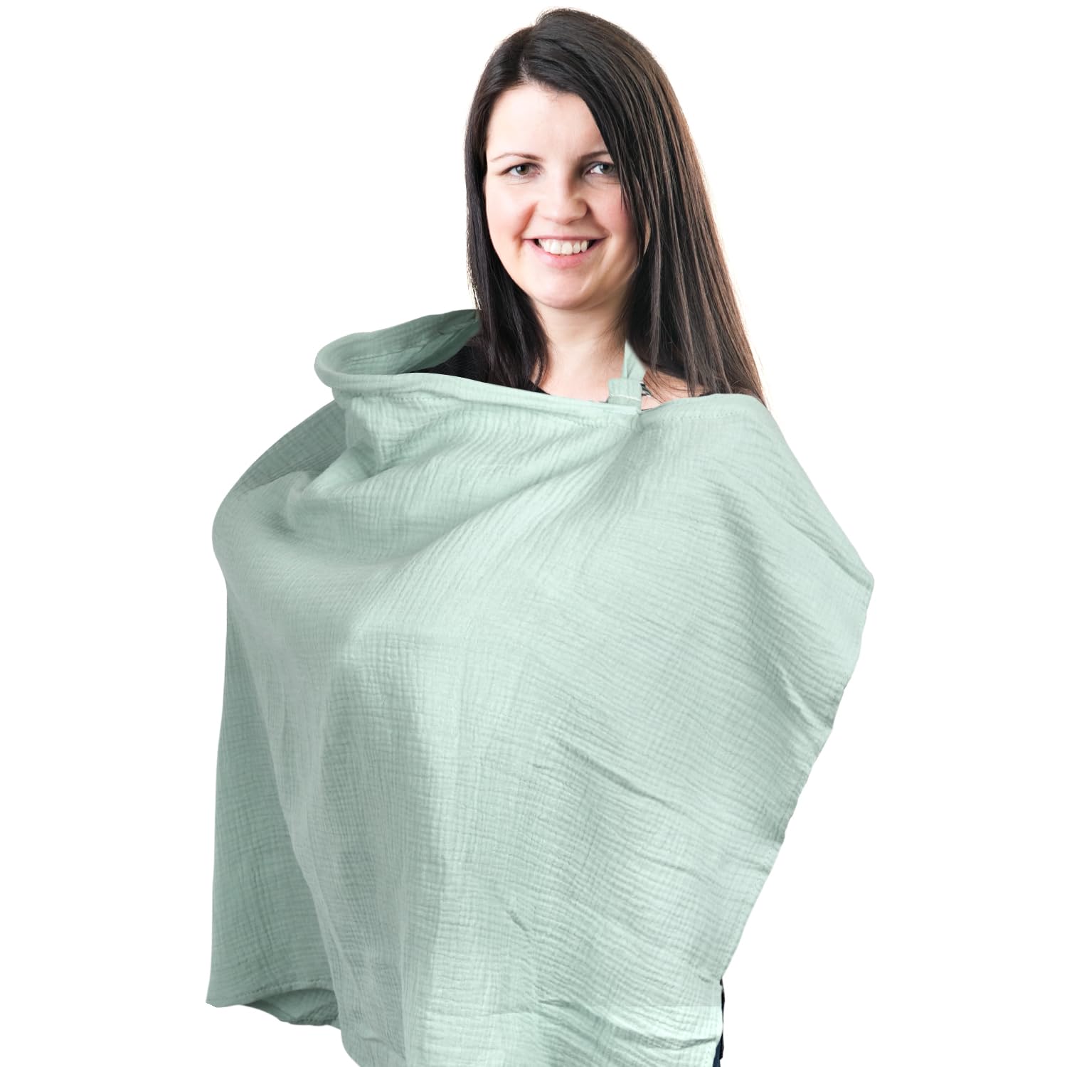 100% Cotton Muslin Nursing Cover - Breathable Breastfeeding Cover with Arch Neckline, Full Car Seat Coverage & Easy Baby Viewing - Light Green Multi-Use Nursing Scarf for Moms (Perfect for On-the-Go Feeding, Shopping & Travel)