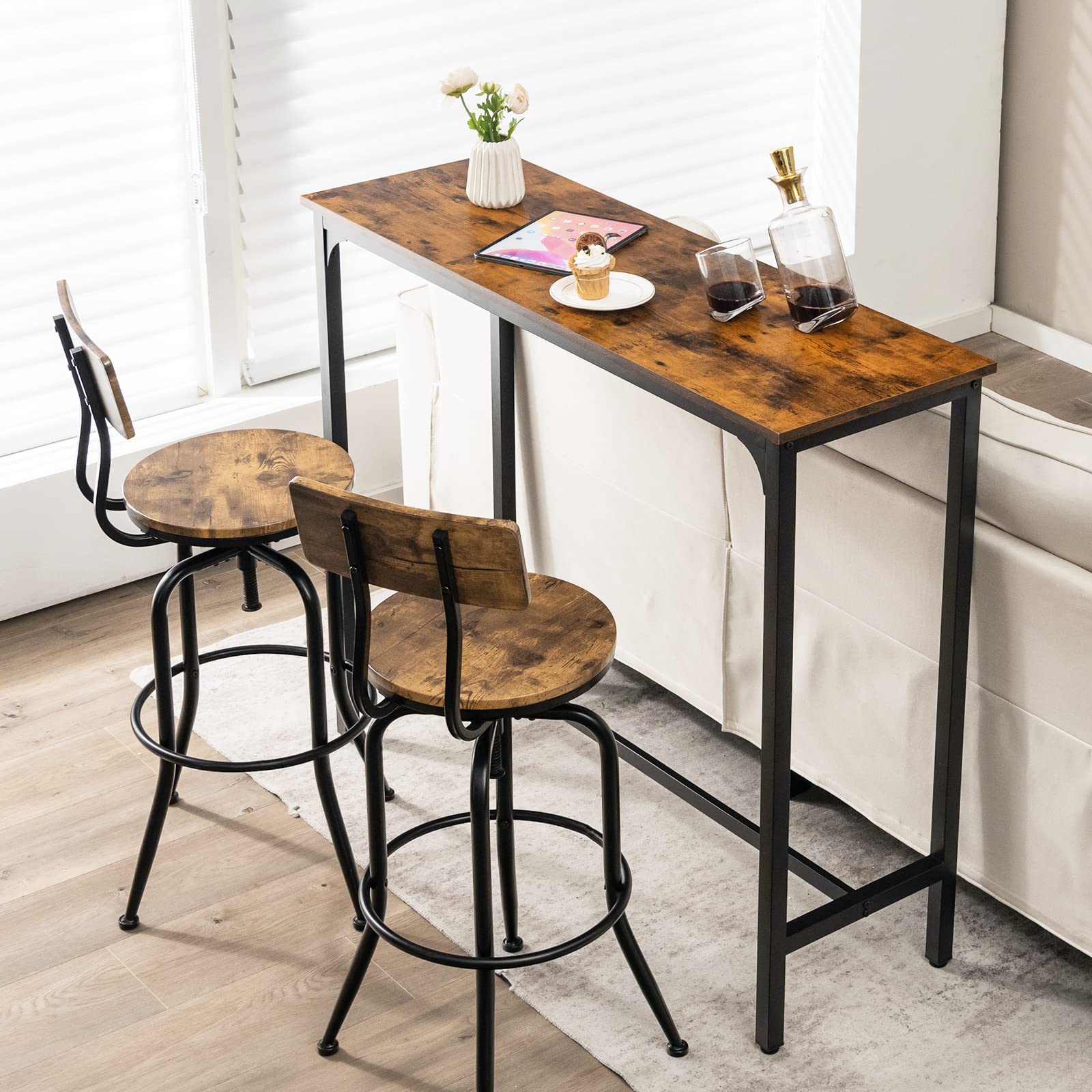 COSTWAY 48 Inch Industrial Bar Table with Steel Frame & Footrest - Rustic Brown Kitchen Dining Table, Narrow Console Table for Entryway, Home & Apartment | Perfect for Small Spaces, Breakfast Nooks & Entertaining Guests