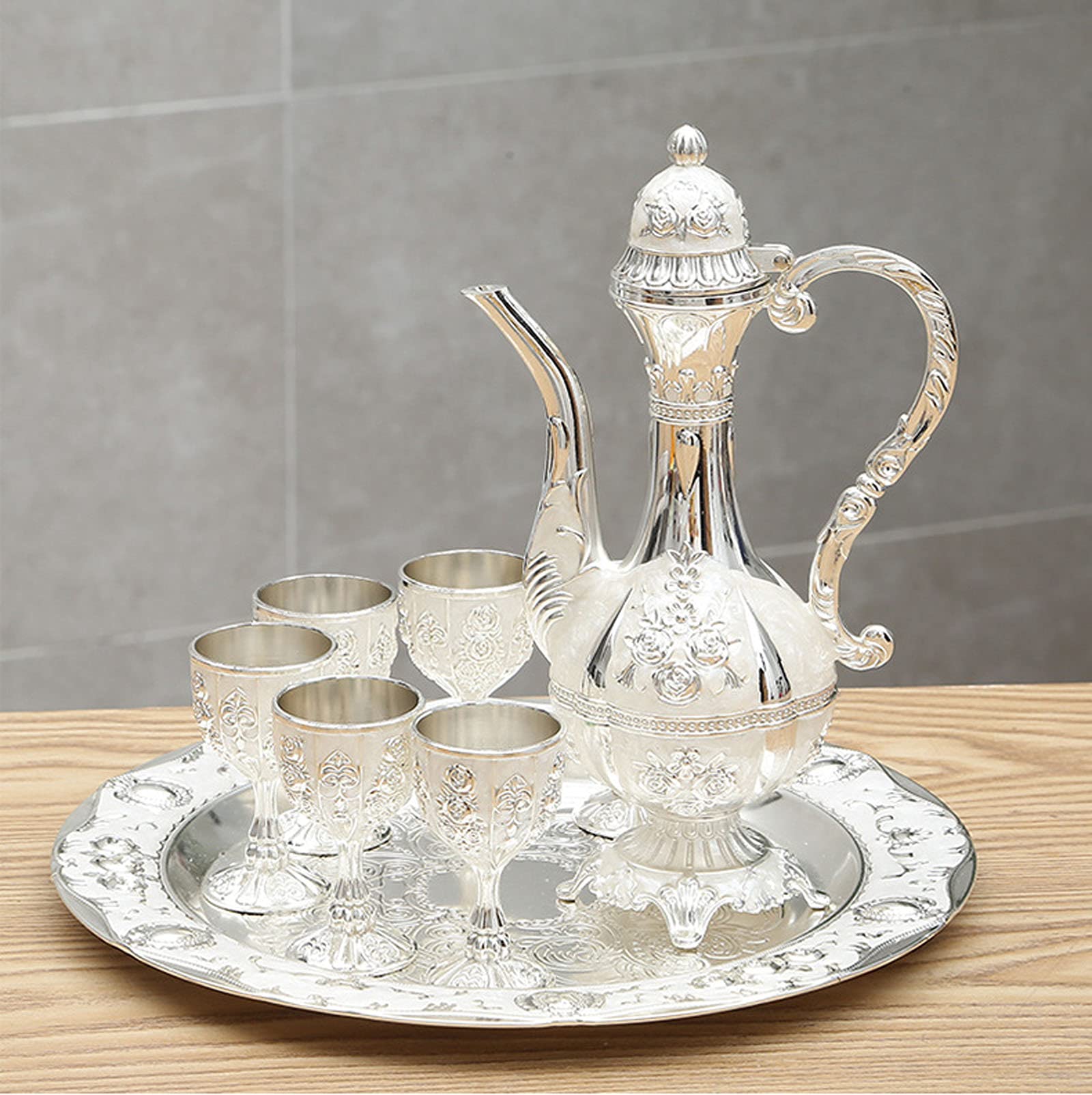 Vintage Turkish Tea Set with Teapot, Cups & Tray - Silver Metal Coffee Pot Gift Set for Wedding, Home Decor & Traditional Tea Ceremonies