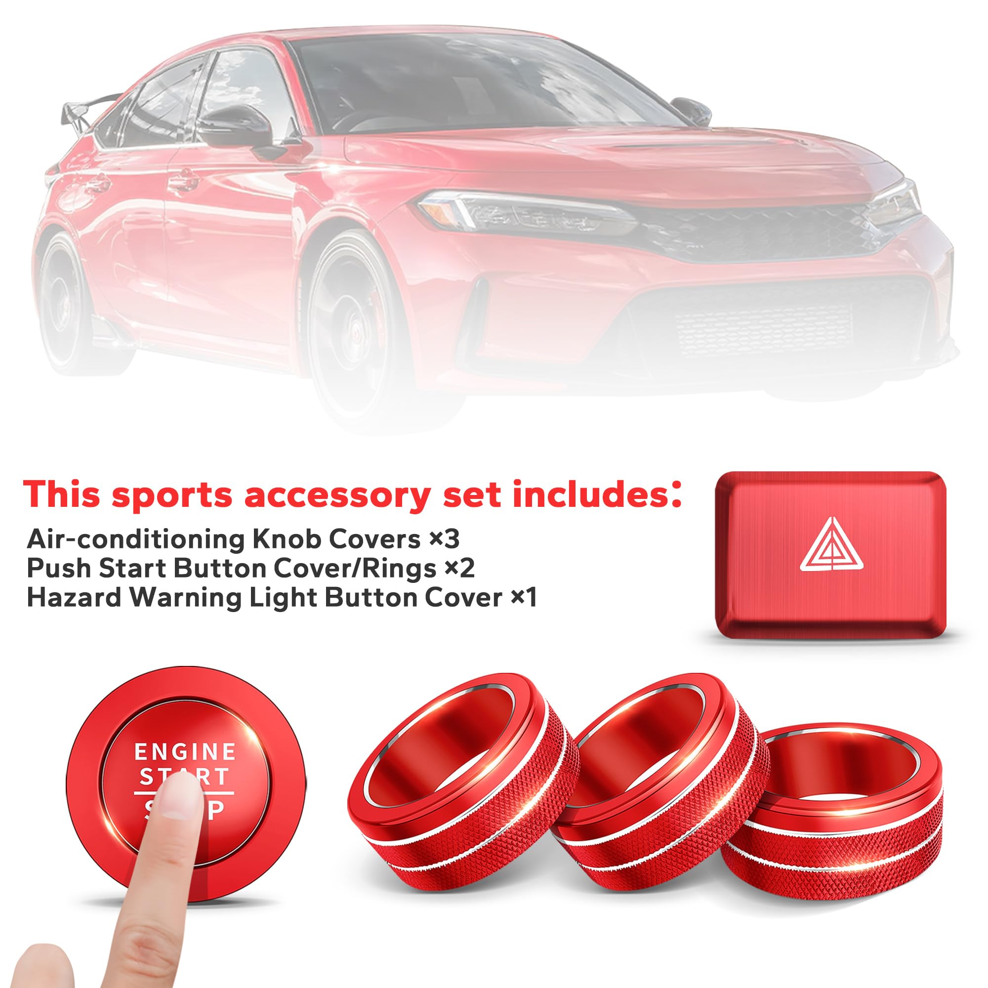6-Piece Interior Button Cover Set for 11th Gen Honda Accord/HRV/CRV/Civic (2022-2025) - AC Knob Cover, Hazard Light & Push Start Button Protector - Red Car Accessories for Enhanced Dashboard Protection & Style