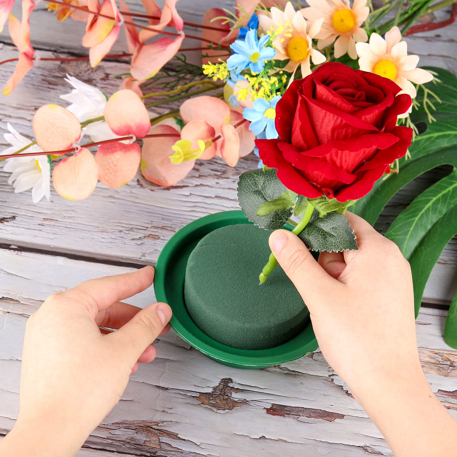 16 Pack Floral Foam Rounds in Bowls - Green Wet Flower Foam Blocks for DIY Fresh & Artificial Flower Arrangements - Perfect for Birthday, Wedding, Party Decorations & Home Centerpieces
