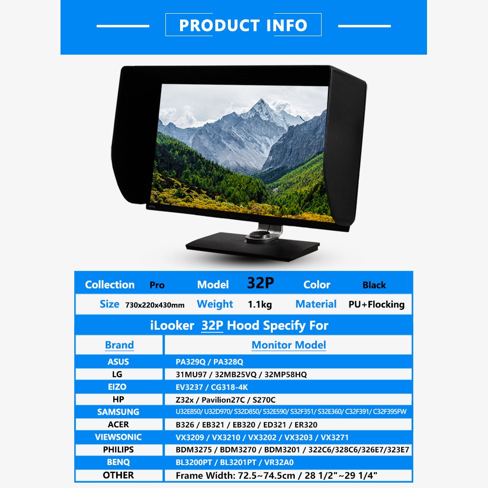 iLooker-32P 31-inch & 32-inch LCD LED Monitor Hood Sunshade - Universal Fit for Dell, HP, ViewSonic, Philips, Samsung, LG, EIZO, NEC, ASUS, Acer, BenQ, AOC, Lenovo (725-745mm Frame Width) - Perfect for Photography, Video Editing & Office Use
