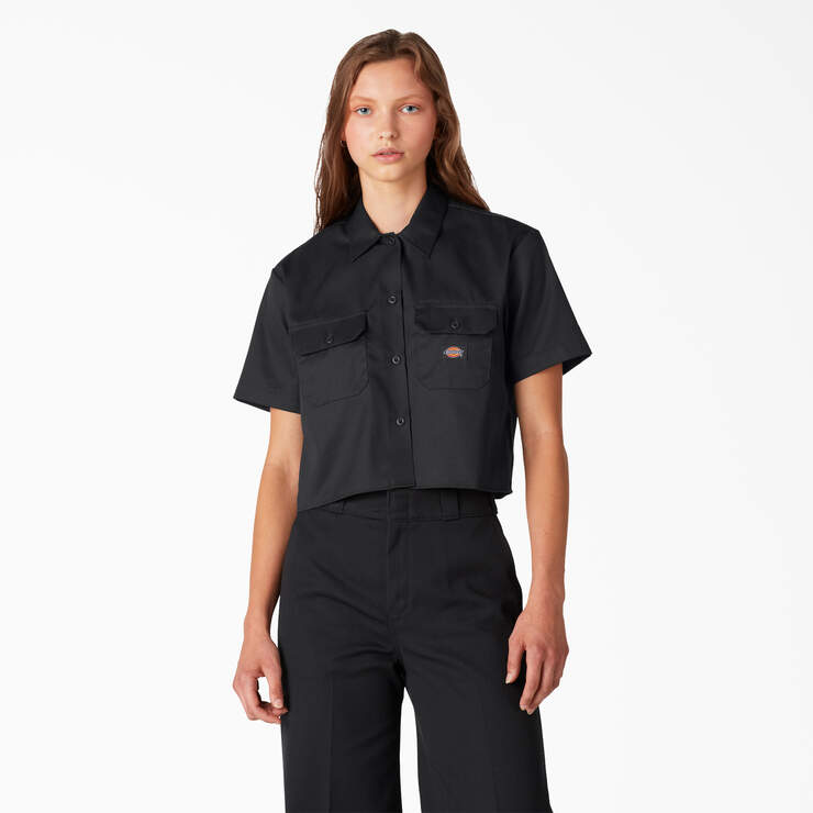 Women's Black Cropped Work Shirt - Professional Office Blouse for Business Casual & Workwear Outfits