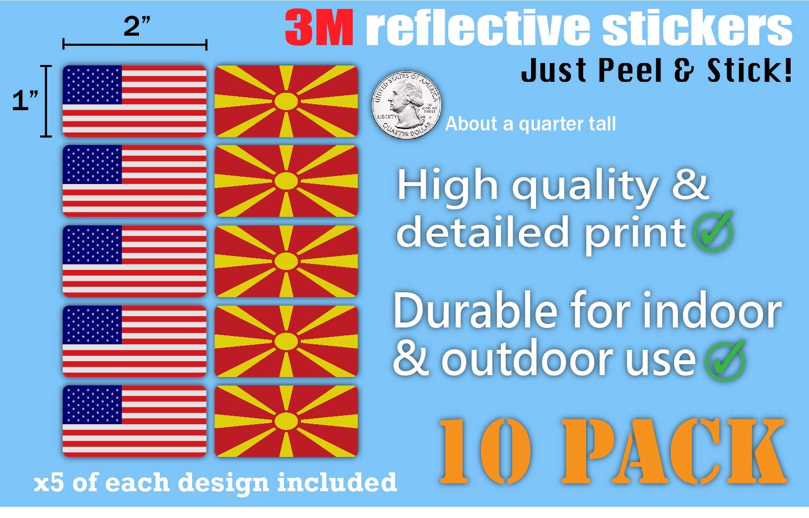 3M Reflective Macedonia and US Flag Stickers (10-Pack) - High Visibility Safety Decals for Hard Hats, Laptops, Bikes & Toolboxes - Perfect for Nighttime Safety, Work Gear Identification and Patriotic Decor