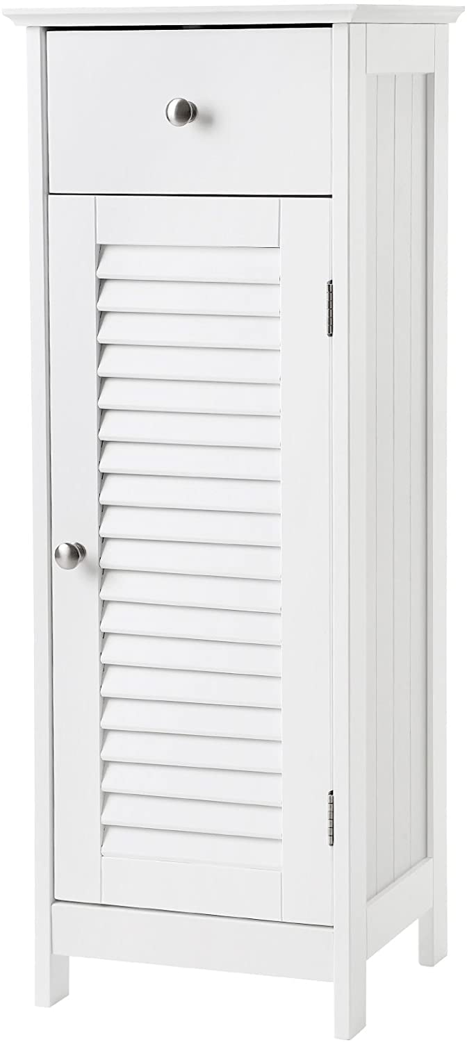 White Wooden Bathroom Floor Cabinet with Drawer & Shutter Door - Storage Organizer Set for Towels, Toiletries & Bath Essentials | Space-Saving Bathroom Furniture for Small Spaces