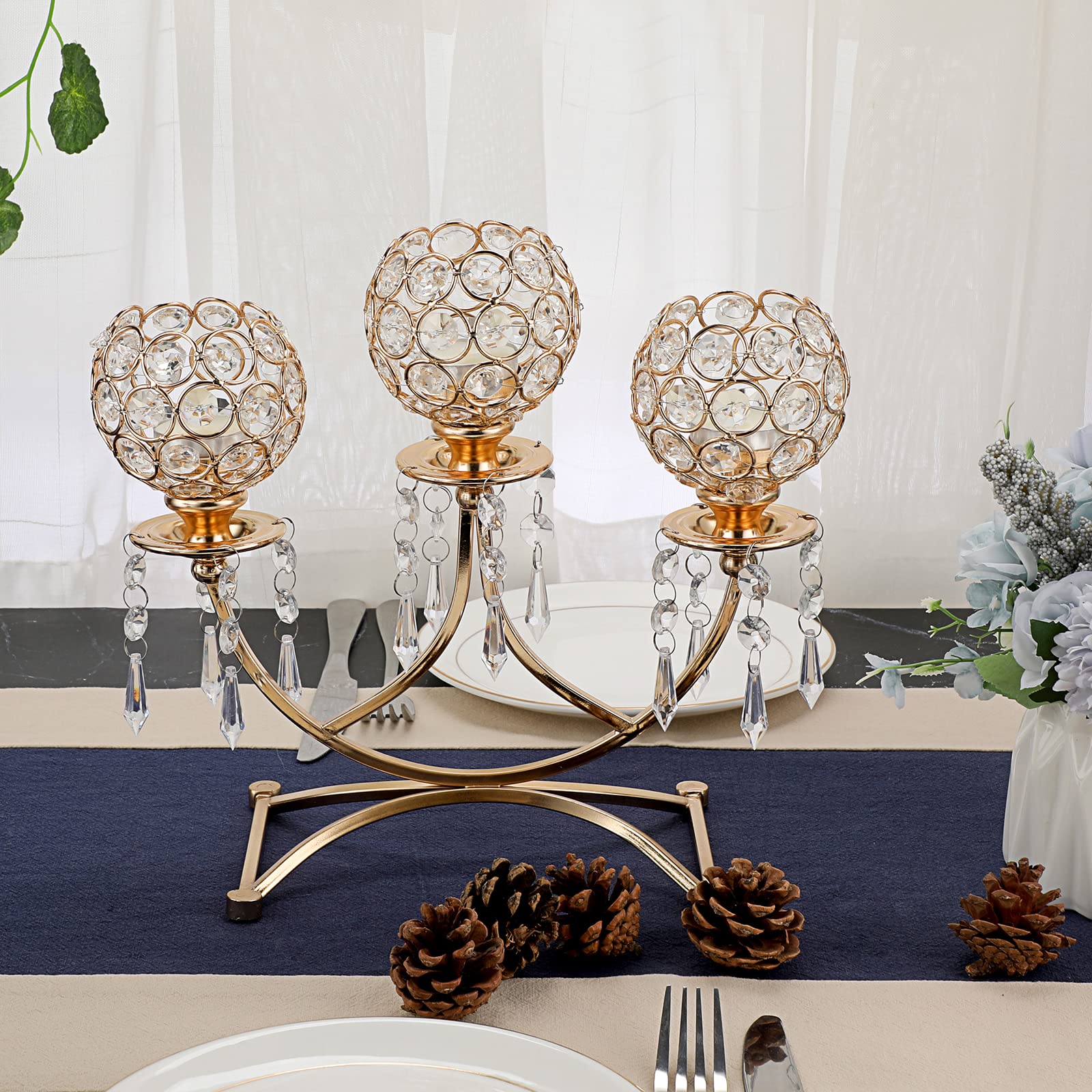 OwnMy 3-Arm Crystal Tealight Candle Holder - Elegant Gold Candelabra Votive Stand for Dining Table, Wedding, Christmas Party & Home Decor | Perfect Centerpiece for Romantic Dinners, Holiday Celebrations & Special Events