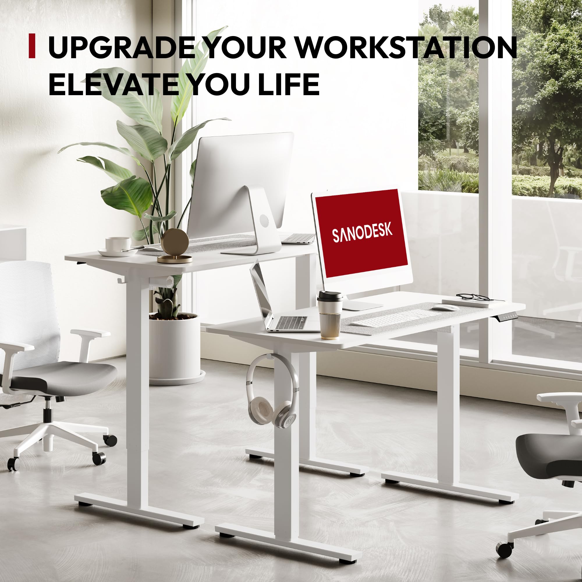 SANODESK 48 x 30 Inches Electric Standing Desk - Height Adjustable Whole-Piece Desktop with 6-Button Controller, Ergonomic Computer Desk for Home Office (White Frame + White Tabletop) | Perfect for Remote Work, Gaming & Study Setup
