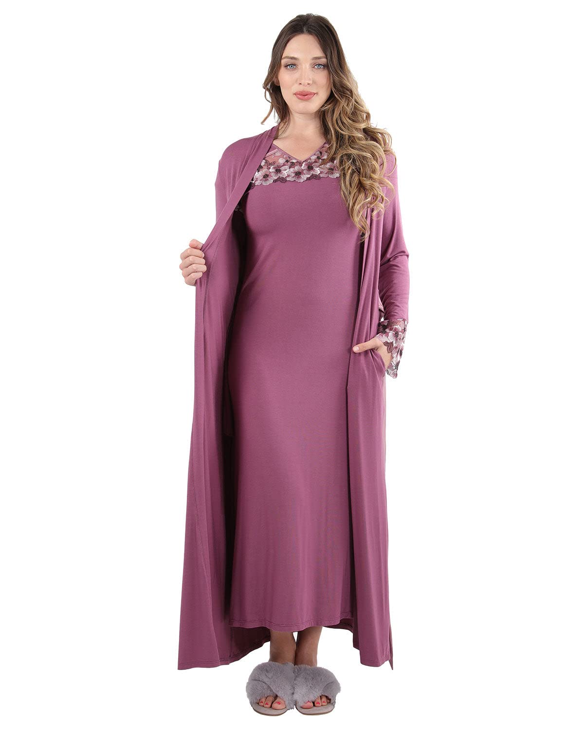 Enchanted Romance Floral Embroidered Women's Long Robe - Elegant Loungewear for Home, Bridal Shower & Special Occasions