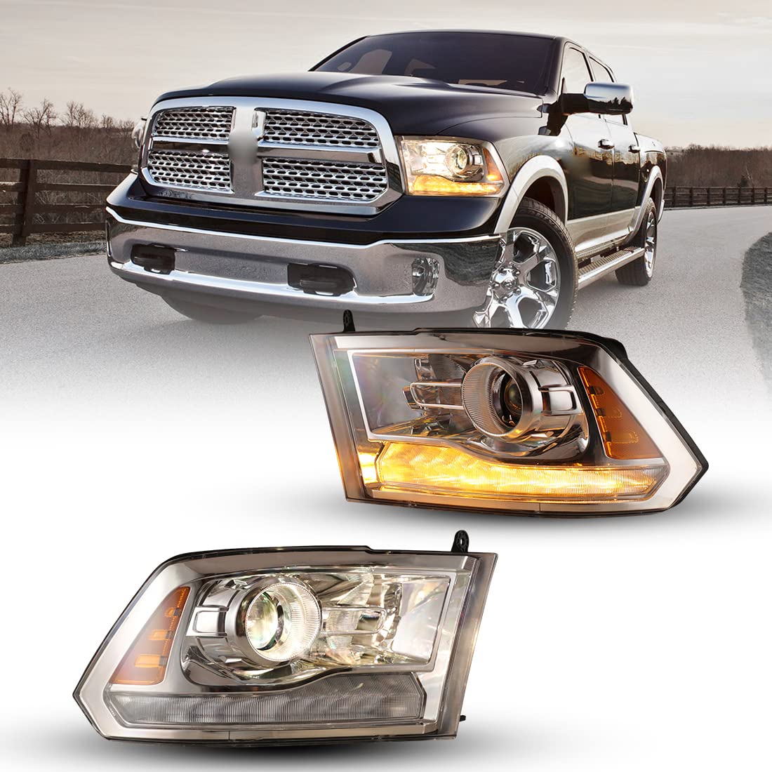 Nixon Offroad LED Headlights Assembly for Dodge Ram 1500 2500 3500 (2013-2018) - High/Low Beam Projector Headlights with Turn Signal - Chrome Housing & Clear Lens - 1 Pair - Perfect for Off-Roading & Night Driving