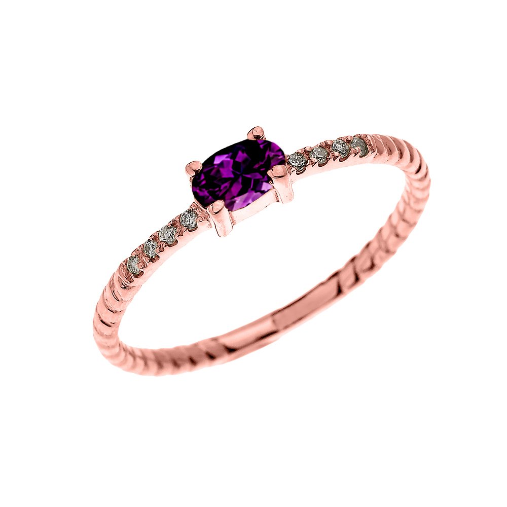 10k Rose Gold Diamond & Solitaire Oval Amethyst Rope Design Stackable Ring for Women - Proposal, Engagement, Wedding, Anniversary Gift - Perfect for Everyday Wear & Special Occasions