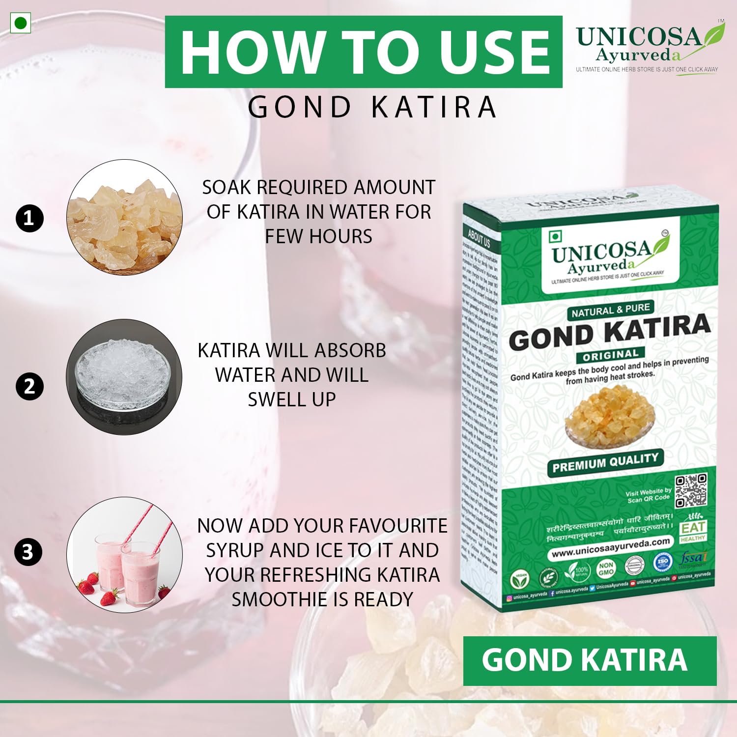 UNICOSA Pure Ayurvedic Gond Katira (Edible Tragacanth Gum) - 200g | Natural Cooling Herbal Superfood | High Nutritional Value | Perfect for Summer Drinks, Desserts & Traditional Remedies