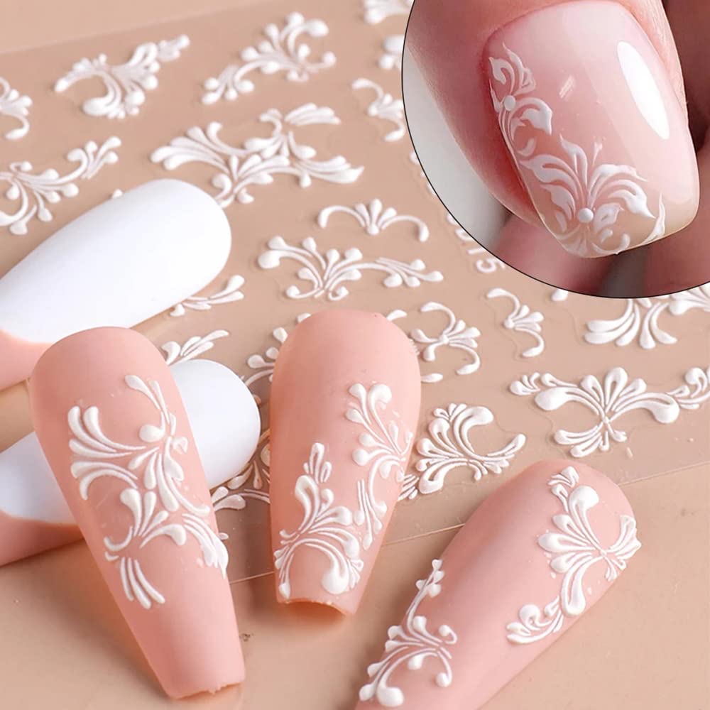 5D Flower Nail Art Stickers - 4 Sheets 3D Embossed Acrylic Nail Decals for Women, Self-Adhesive White Lace Floral Nail Designs for DIY Manicure | Perfect for Weddings, Parties & Everyday Nail Art Decoration