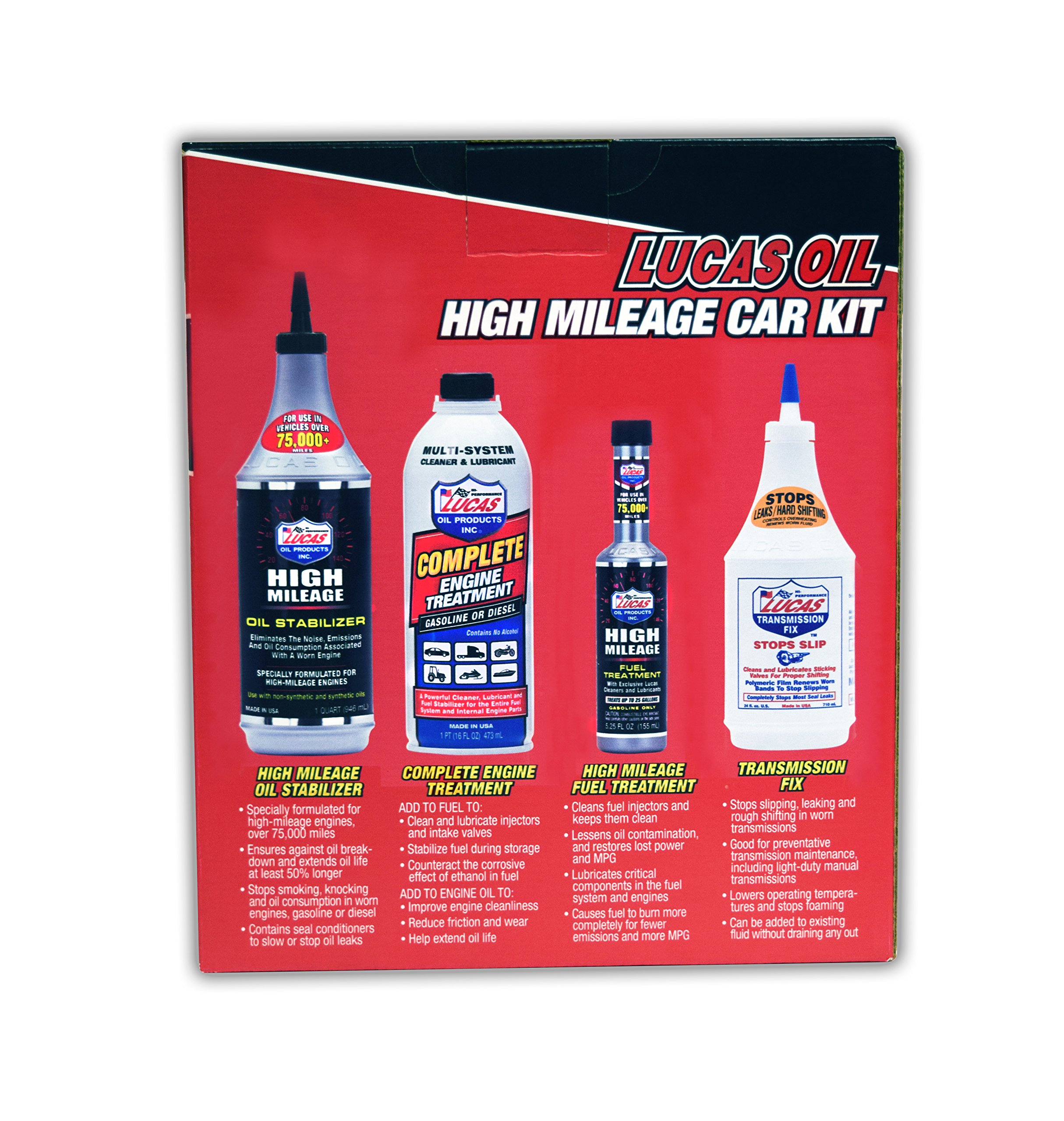 Lucas Oil High Mileage Engine Treatment Kit - Premium Motor Oil Additive for Older Cars & Trucks - Reduces Leaks, Smoother Performance - Ideal for High Mileage Vehicles Over 75,000 Miles