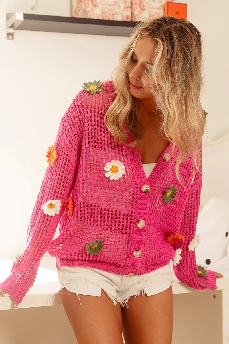 BiBi Floral Embroidered Open Knit Sweater Cardigan for Women - Lightweight Lace Knitwear Perfect for Spring Outfits & Coffee Dates