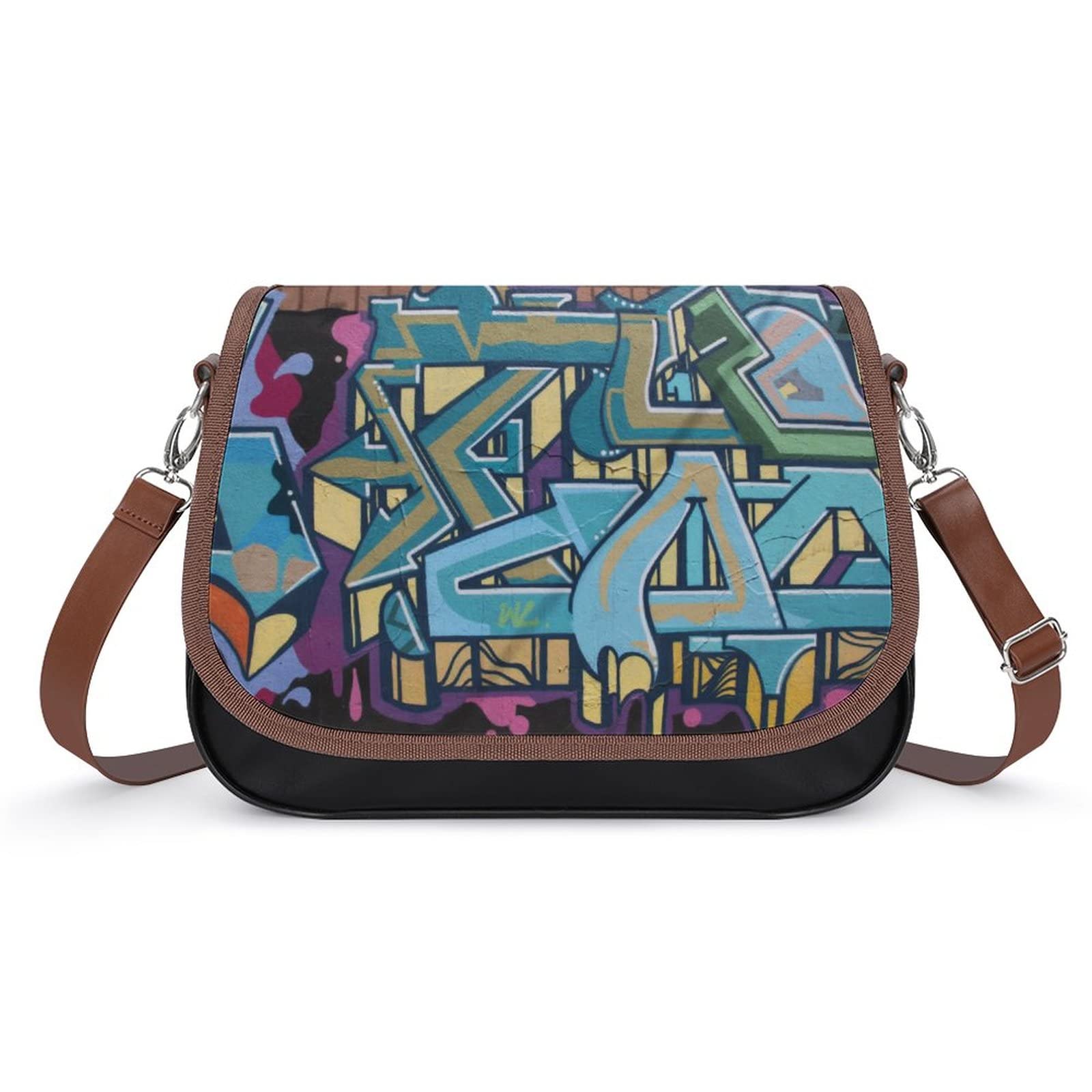 Stylish Printed Leather Crossbody Bags for Women - Designer Shoulder Messenger Satchel with Blue Slogan Doodle | Perfect for Work, Travel & Everyday Use