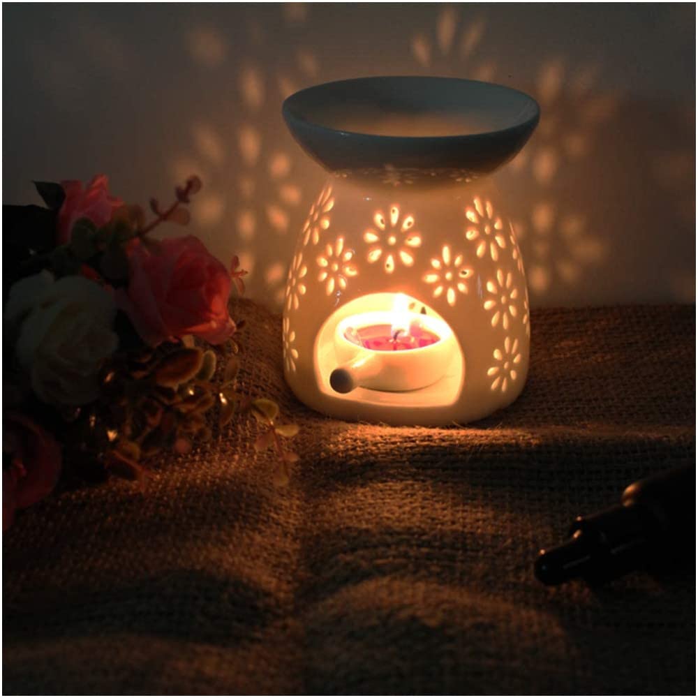 Ceramic Wax Warmer with Flower Pattern - Aromatherapy Essential Oil Burner & Scented Candle Diffuser for Home, Bedroom Decor - Perfect for Relaxation and Stress Relief