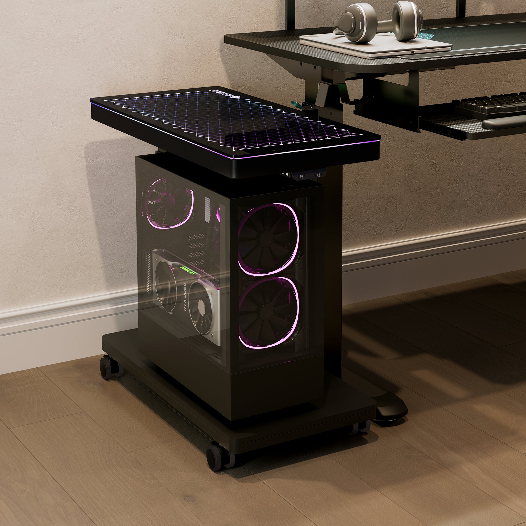 Adjustable Height Illuminated Computer CPU Stand Cart - Perfect for Office, Gaming & Home Workspace Organization