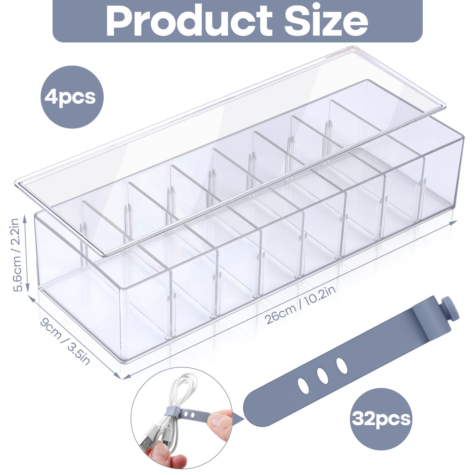 4-Piece Clear Plastic Cord Organizer Box with Lid & 32 Cable Ties - 8 Removable Dividers for Home Office Desk - Perfect for Charger, USB Cable, Headphone & Electronics Storage - Ideal for Workspace, Travel & Cable Management