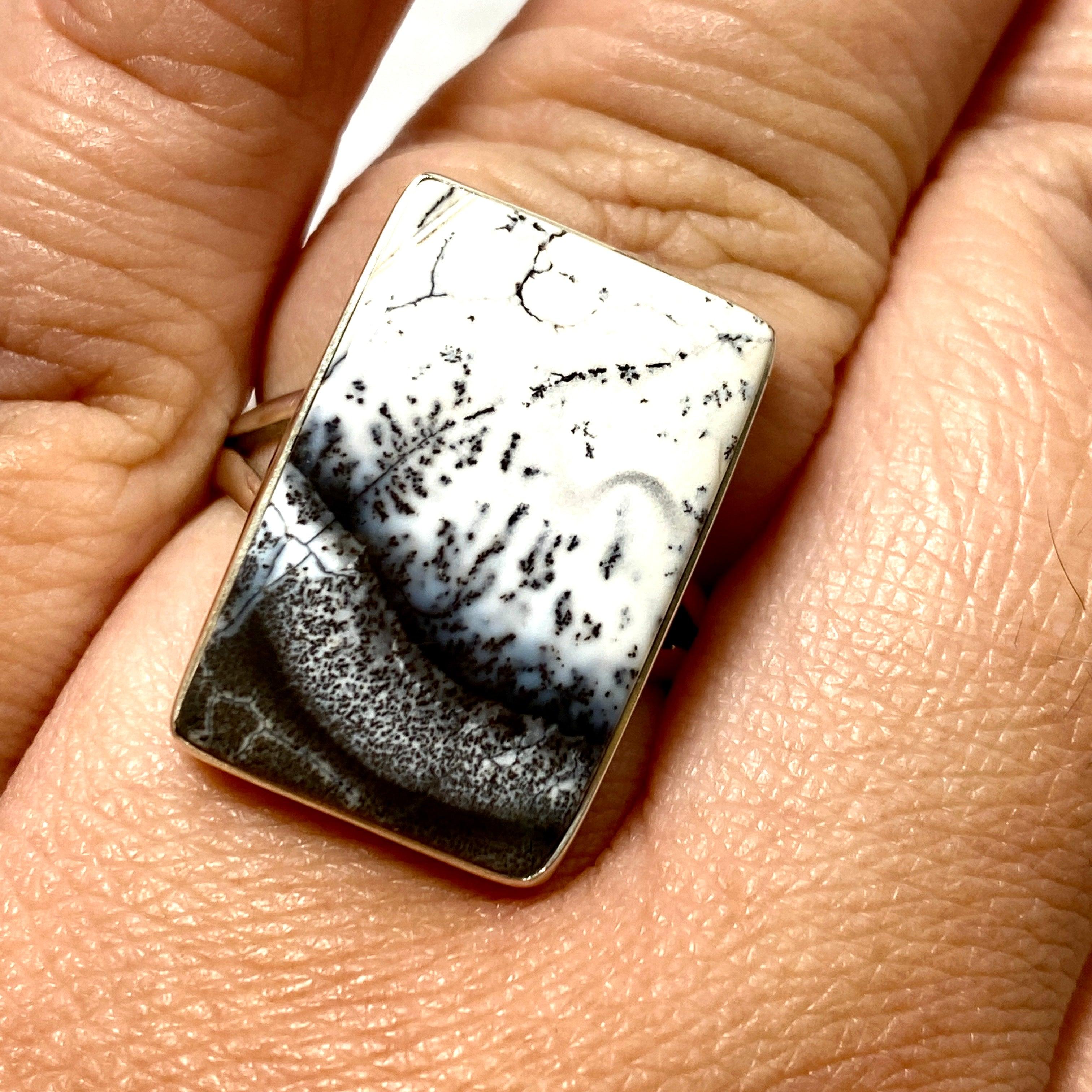 Dendritic Opal Rectangular Ring for Women - Size 10 - KRGJ2294 - Elegant Silver Jewelry for Everyday Wear, Special Occasions & Gift Giving