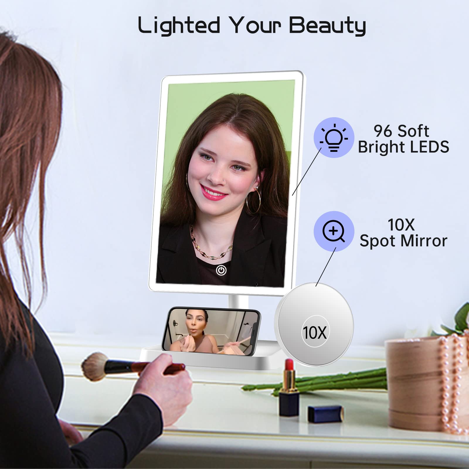 FUNTOUCH Rechargeable LED Makeup Mirror with 96 Lights & 10x Magnifier - 3 Color Lighting, Phone Holder - Perfect for Vanity, Dressing Table, and Professional Makeup Artists