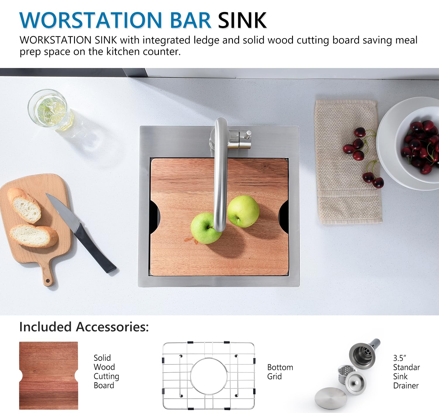 Stainless Steel Drop-In Bar Sink 15x15 Inches - Single Bowl Small Workstation Kitchen Sink for Bars, Restaurants & Home Use