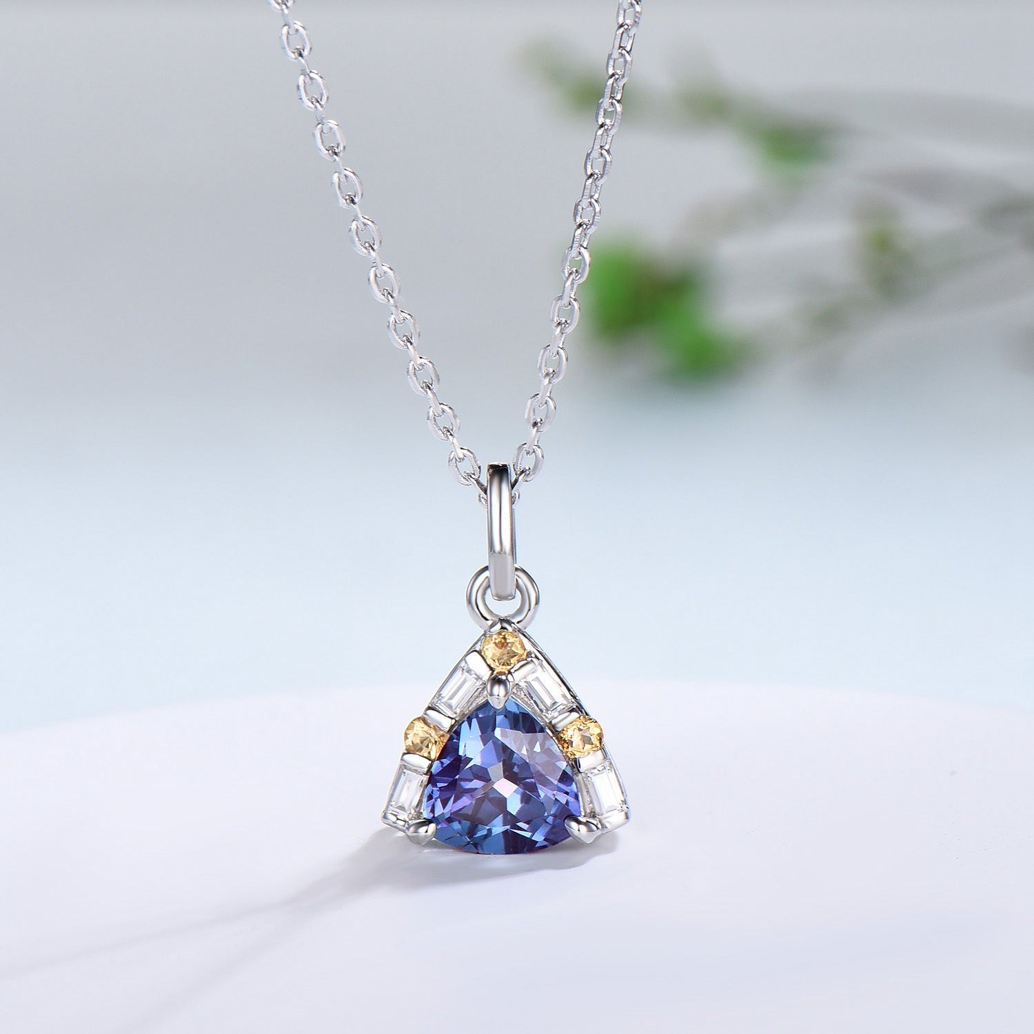 Vintage Trilliant Alexandrite Pendant Necklace with Baguette Moissanite & Citrine in Silver Rose Gold - Elegant Engagement Gift for Women | Perfect for Weddings, Anniversaries, and Special Occasions