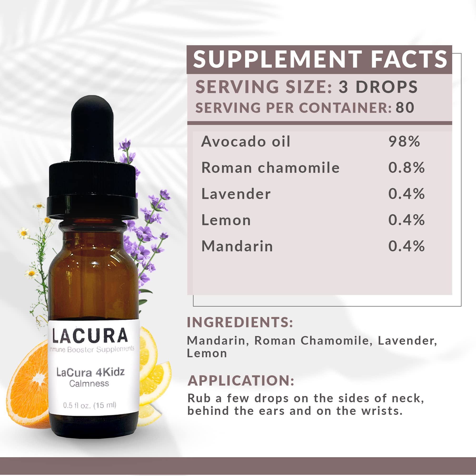 LaCura 4Kids Calm Essential Oil Blend - 100% Pure Organic Dietary Supplement with Chamomile, Mandarin, Lemon & Lavender - Natural Stress Relief & Relaxation for Kids - 15ml Bottle - Perfect for Bedtime, Anxiety Relief & Aromatherapy