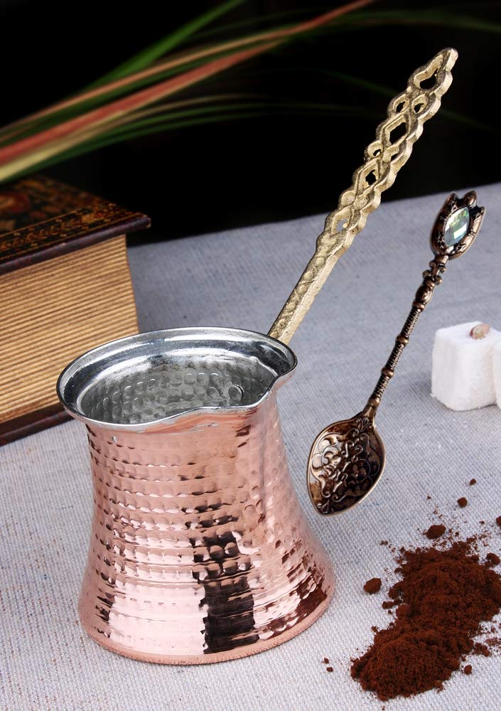 Authentic Turkish Coffee Pot & Copper Spoon Set - 9 Oz Thick 2mm Antique Copper Cezve with Sturdy Copper Handle - Traditional Stovetop Coffee Maker for 3 People - Perfect for Home Brewing, Gifts & Turkish Coffee Ceremonies