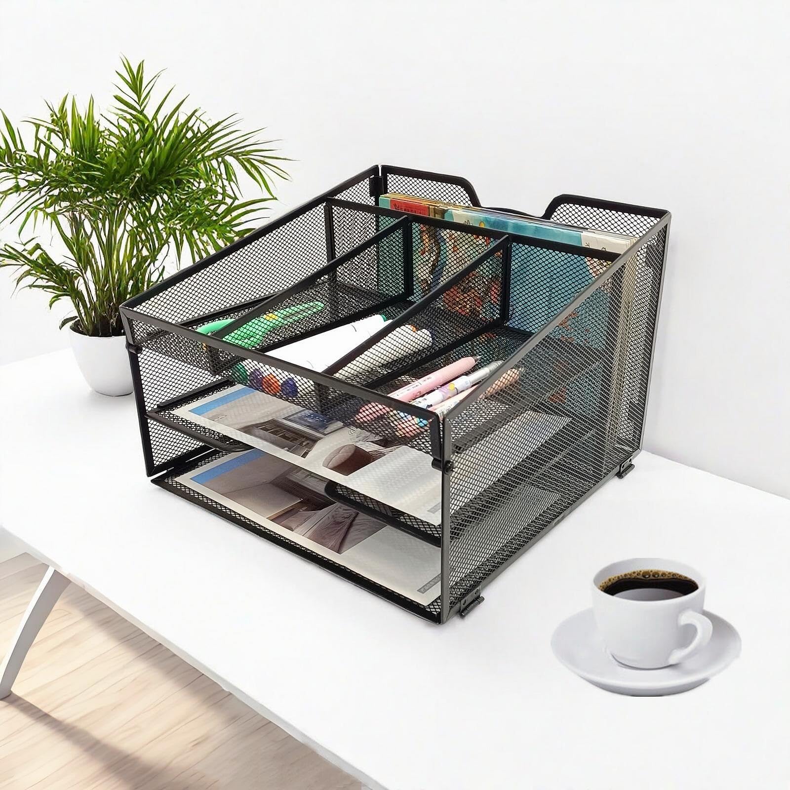 SETTFRFE 2-Tier Mesh Desk Organizer with Pen Holder - Vertical File Organizer for Office, Home & School - Black Metal Paper Tray for Documents, Mail & Stationery Storage